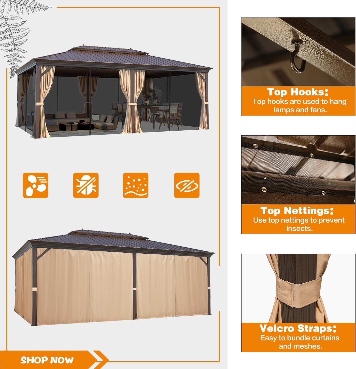 EROMMY 14'x20' Hardtop Gazebo Double Roof Galvanized Steel Canopy Outdoor Aluminum Frame Permanent Metal Pavilion with Netting and Curtains for Patio Backyard Deck and Lawns