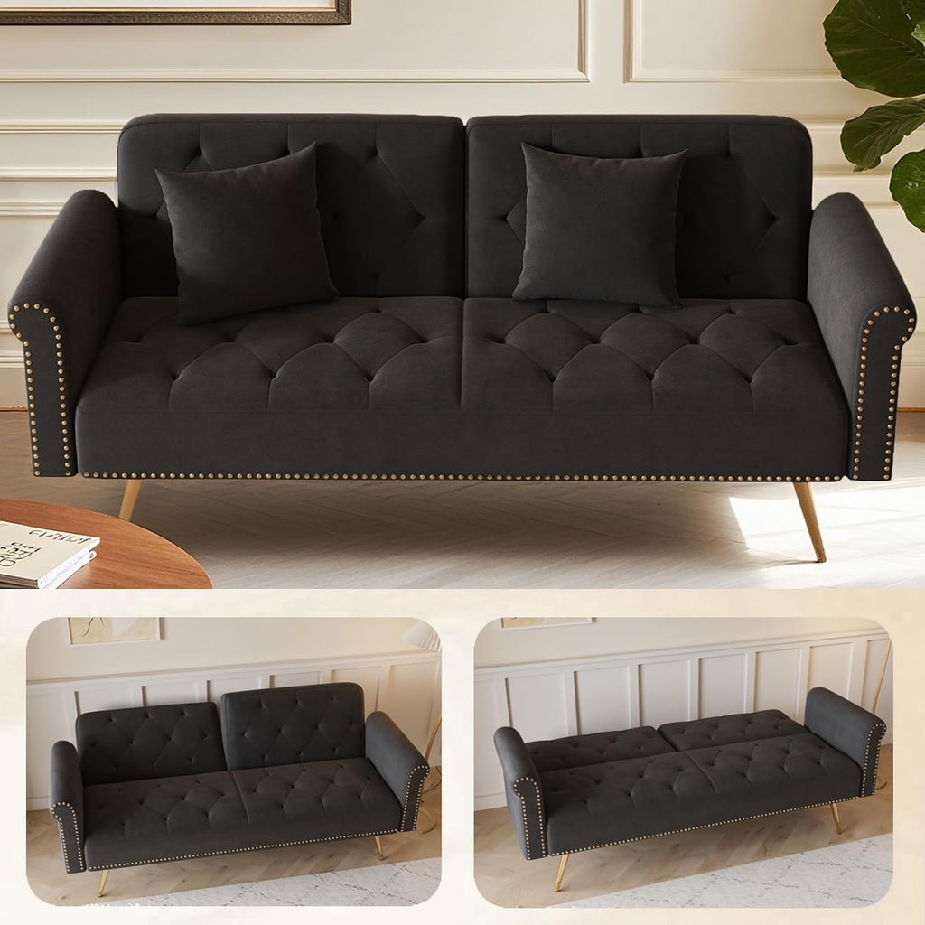 KEIKI 70' Folding Futon Sofa Couch w/Adjustable Backrest, Mid Century Modern Loveseat Convertible to Sleeper Bed, Small Comfy Velvet Cloud Couch SofaBed for Living Room & Bedroom, 2 Pillows, Black