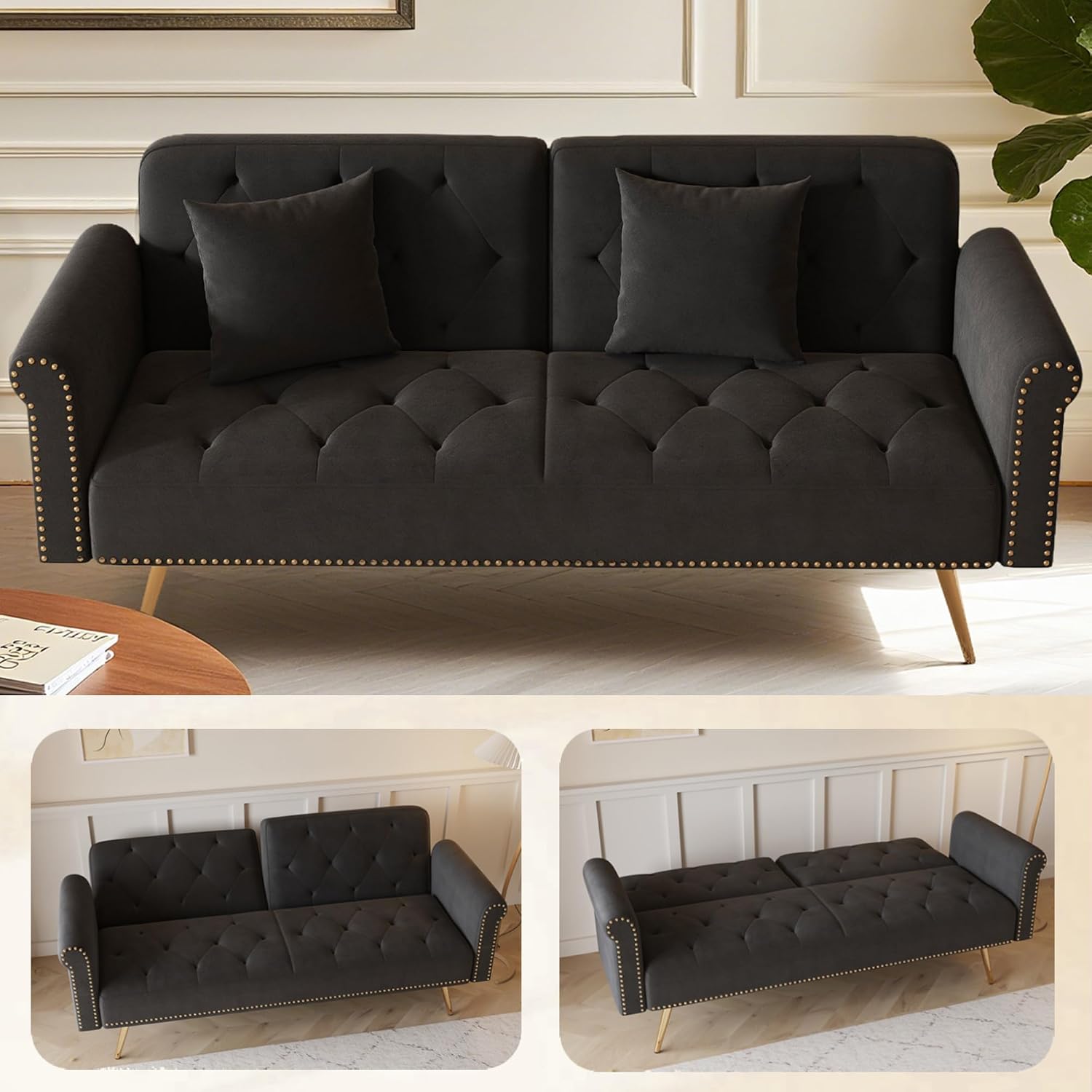 KEIKI 70' Folding Futon Sofa Couch w/Adjustable Backrest, Mid Century Modern Loveseat Convertible to Sleeper Bed, Small Comfy Velvet Cloud Couch SofaBed for Living Room & Bedroom, 2 Pillows, Black