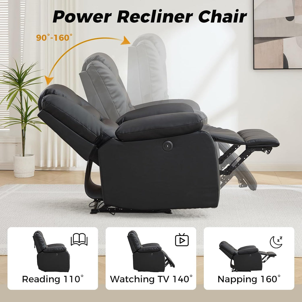 EBELLO Classic Power Recliner Chair, Faux Leather Oversized Electric Overstuffed Chair with Soft Cushion and Back, Sofa with Comfortable Armchair for Living Room, Black