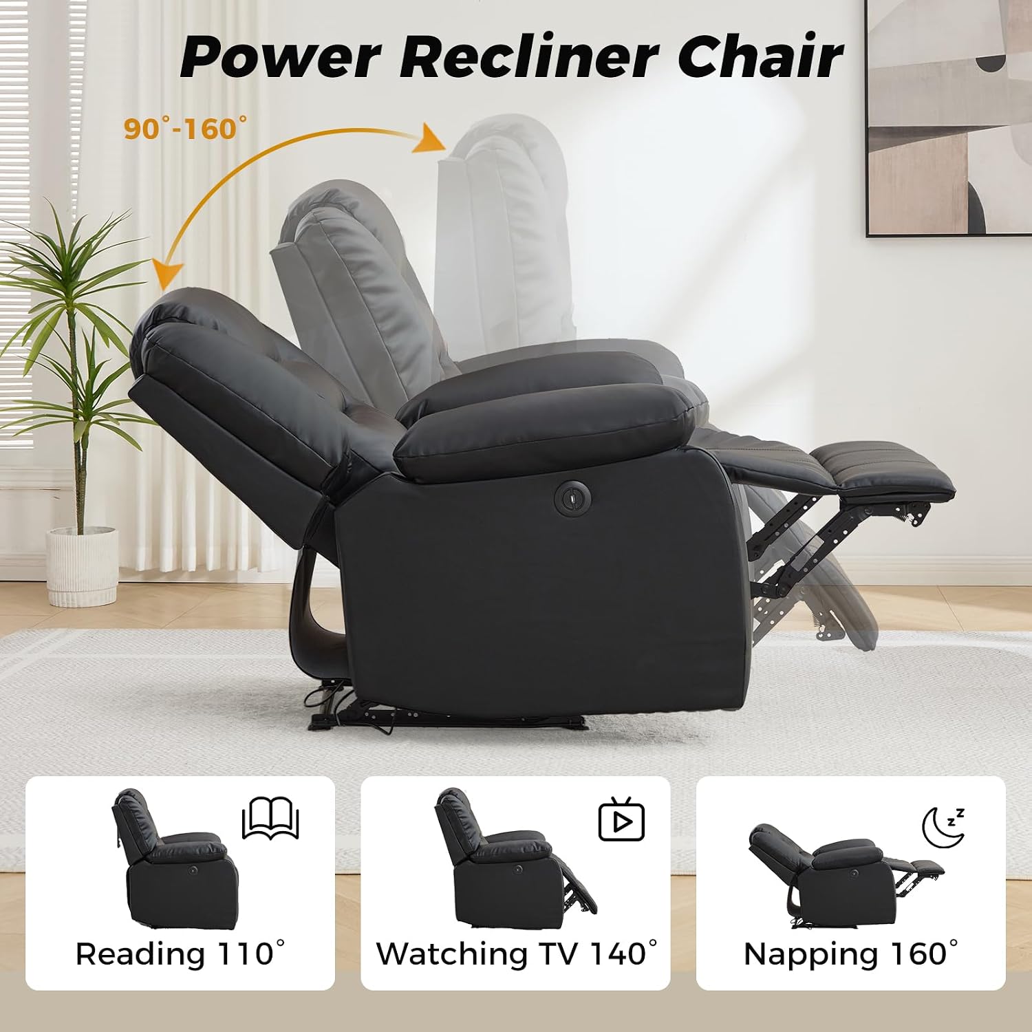 EBELLO Classic Power Recliner Chair, Faux Leather Oversized Electric Overstuffed Chair with Soft Cushion and Back, Sofa with Comfortable Armchair for Living Room, Black