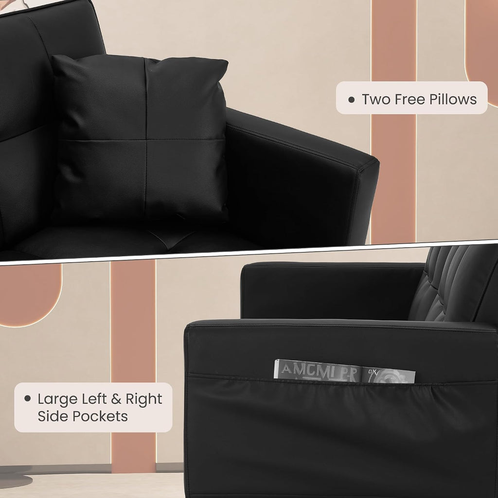 ECOTOUGE Futon Sofa Bed, 74' Convertible Sofa Bed with Adjustable Backrest Modern Loveseat Sleeper Sofa with 2 Pillow & Side Pockets Faux Leather Futon Couch for Living Room, Bedroom, Office, Black