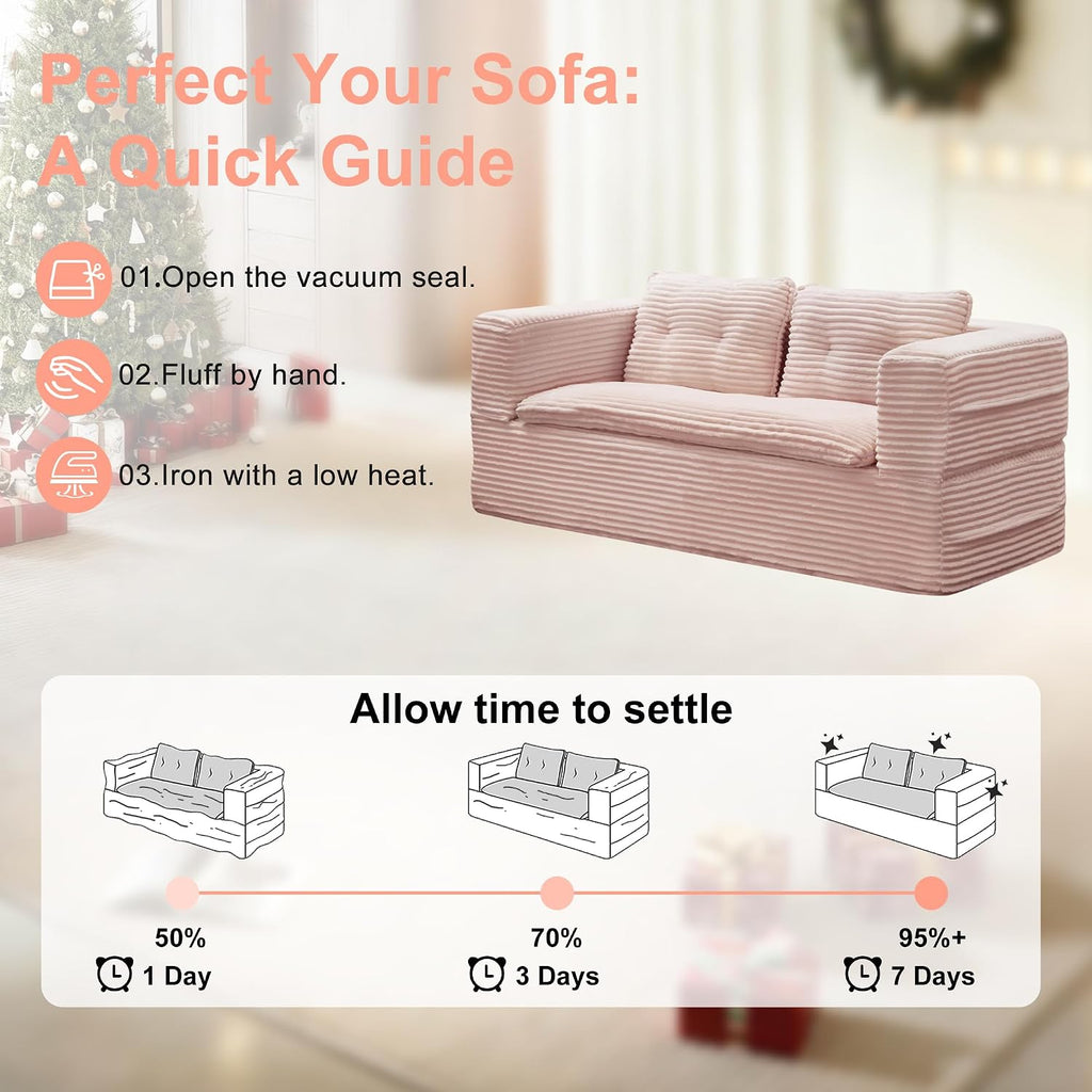 80'' Futon Sofa Bed, King Size Foldable Sleeper Sofa, Corduroy Boneless Loveseat Couch with Chaise Lounge, 3 Pillows, Blanket, Upholstered Sectional Couches for Living Room,Bedroom, Baby Pink