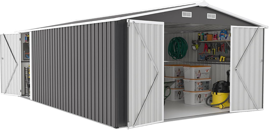 10x14 FT Outdoor Metal Storage Shed with Lockable Door, Steel Garden Utility Shed with Vents, Backyard Patio Tool Shed for Lawn Equipment, Bike, Firewood and Mower Storage, Gray