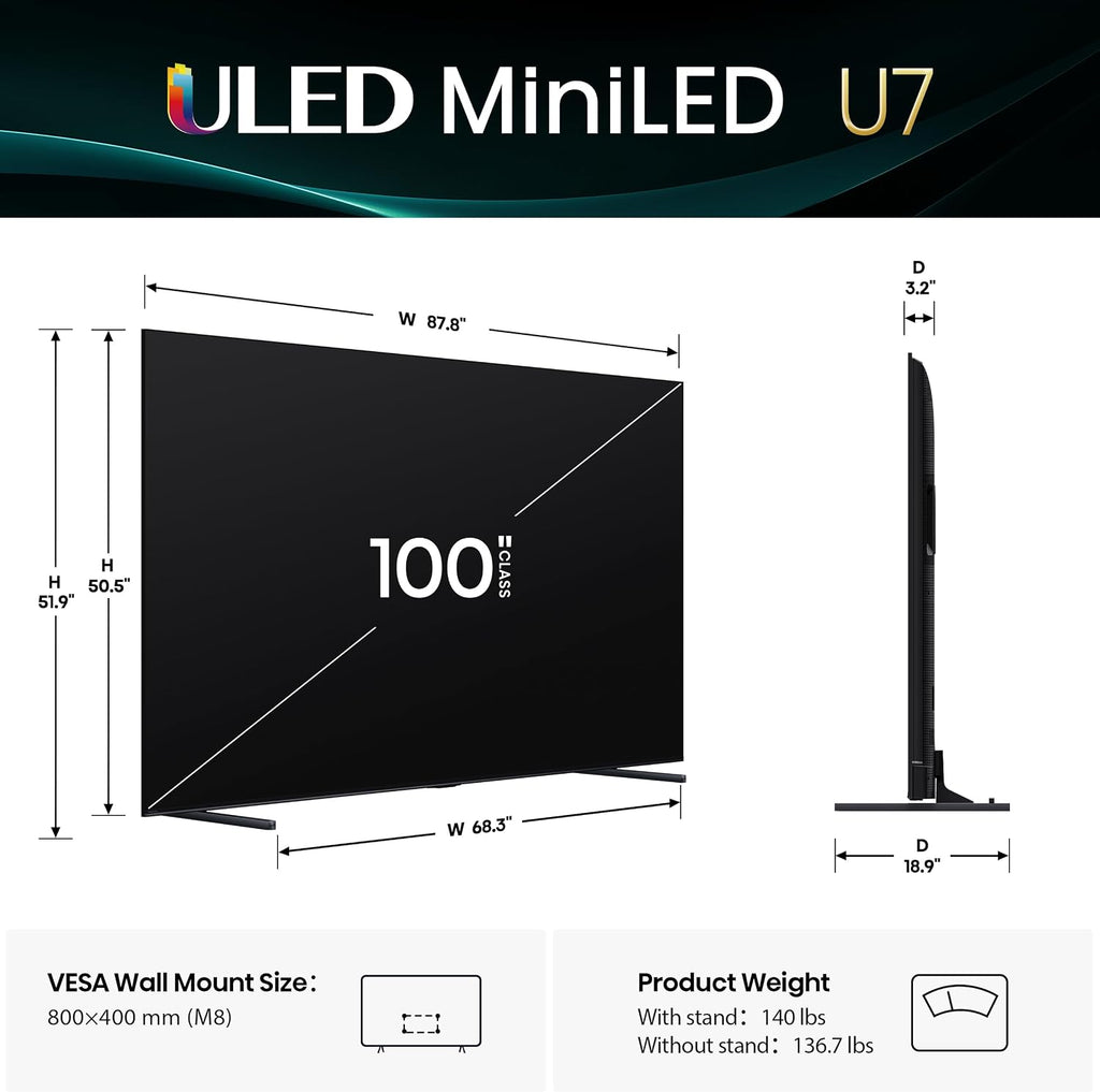 Hisense 100' U7 Mini-LED ULED 4K UHD Best Premium Gaming Google Smart TV (100U75QG) - QLED, Native 165Hz, VRR 288, Up to 3000 Nits, HDR10+, Dolby Vision IQ · Atmos, IMAX Enhanced, 2.1.2 Ch
