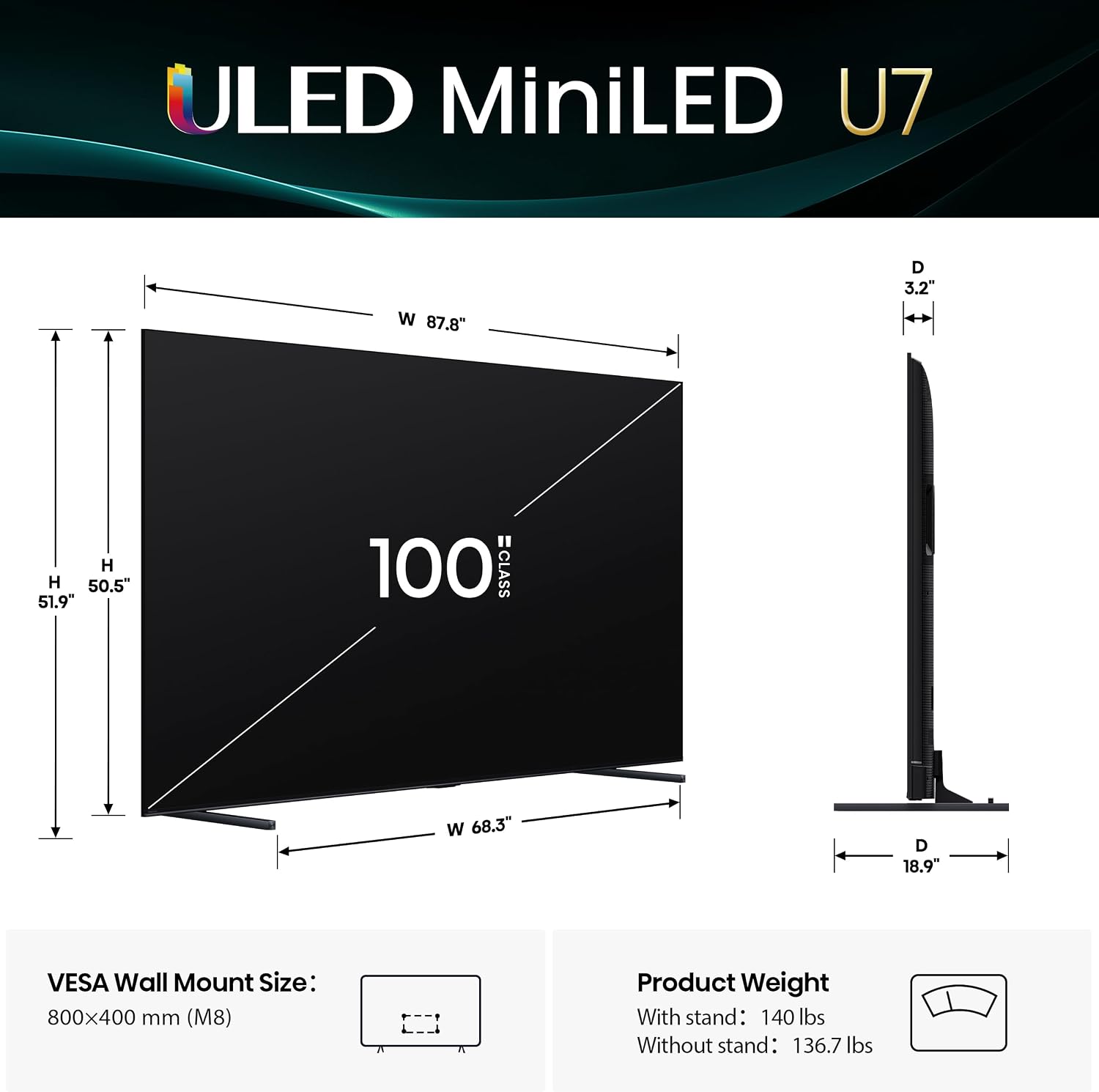 Hisense 100' U7 Mini-LED ULED 4K UHD Best Premium Gaming Google Smart TV (100U75QG) - QLED, Native 165Hz, VRR 288, Up to 3000 Nits, HDR10+, Dolby Vision IQ · Atmos, IMAX Enhanced, 2.1.2 Ch