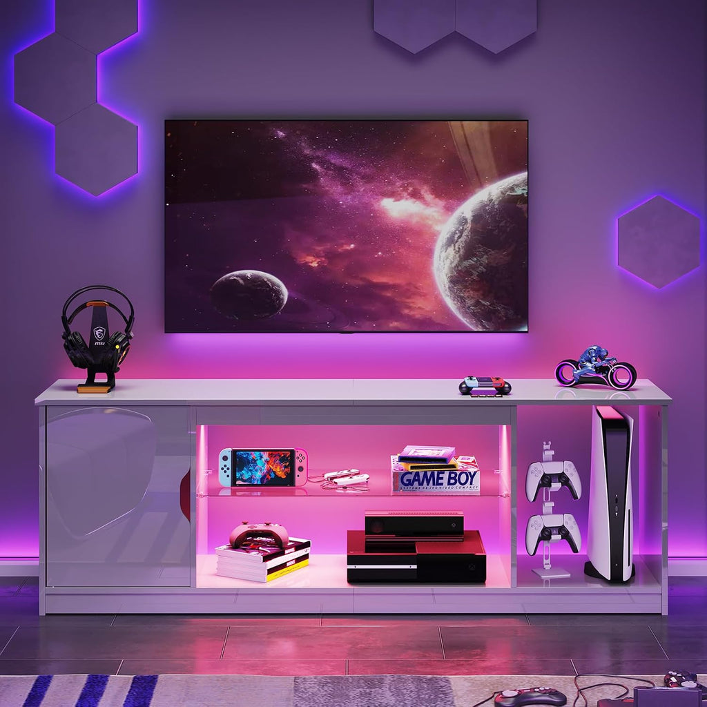 Bestier 57' Gloss White TV Stand for 65' TVs - Modern Gaming Console Unit with Glass Shelves, PS5/Xbox Cabinet, Adjustable Height Entertainment Center for Bedroom & Living Room