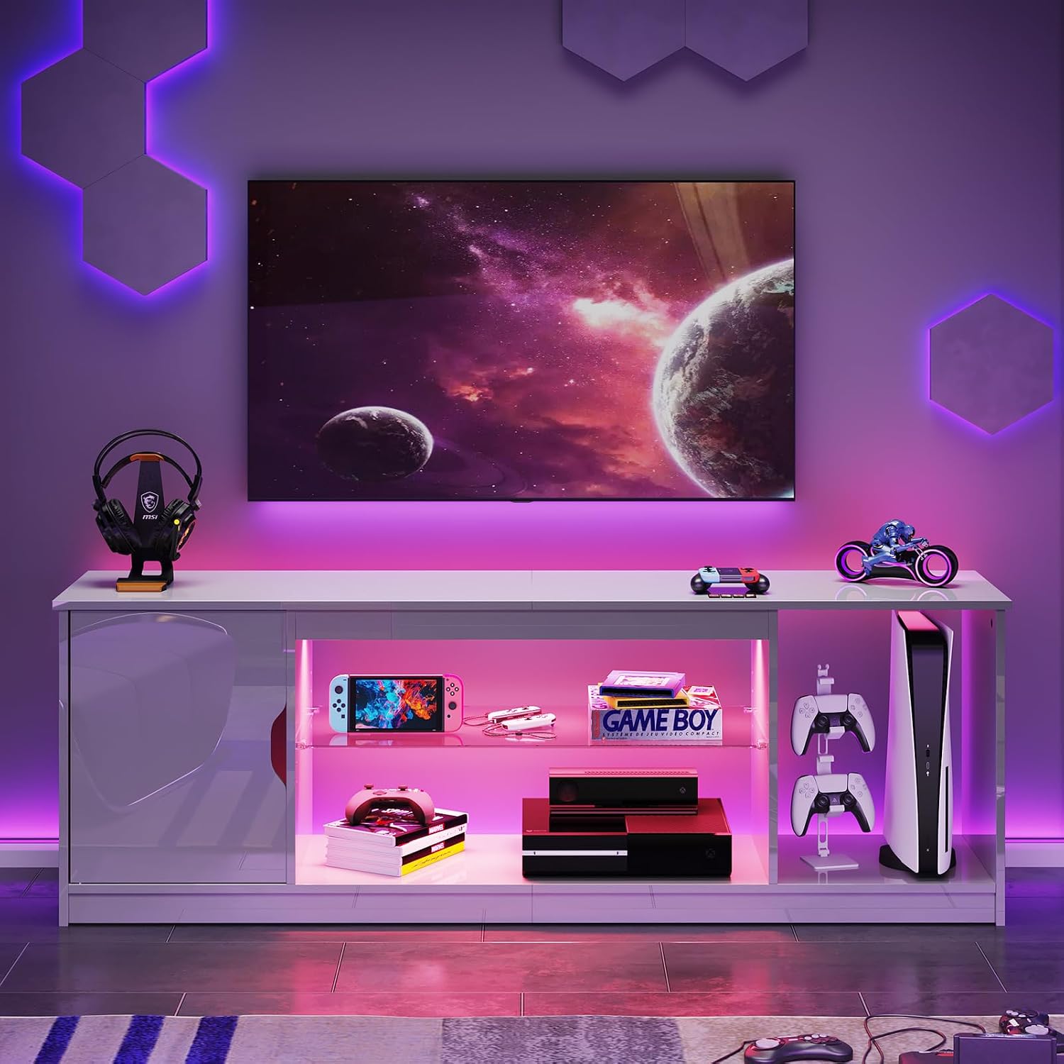 Bestier 57' Gloss White TV Stand for 65' TVs - Modern Gaming Console Unit with Glass Shelves, PS5/Xbox Cabinet, Adjustable Height Entertainment Center for Bedroom & Living Room