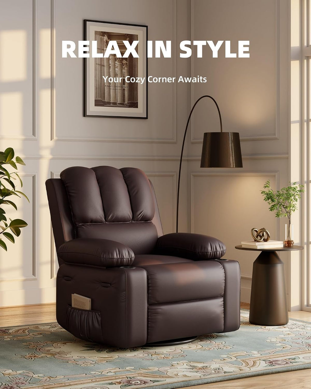 22 in Leather Recliner Chair for Adults, Overstuffed Manual Recliner Chair, Single Sofa with Cup Holder and Side Pockets, Upholstered Chair for Living Rooms, Coffee