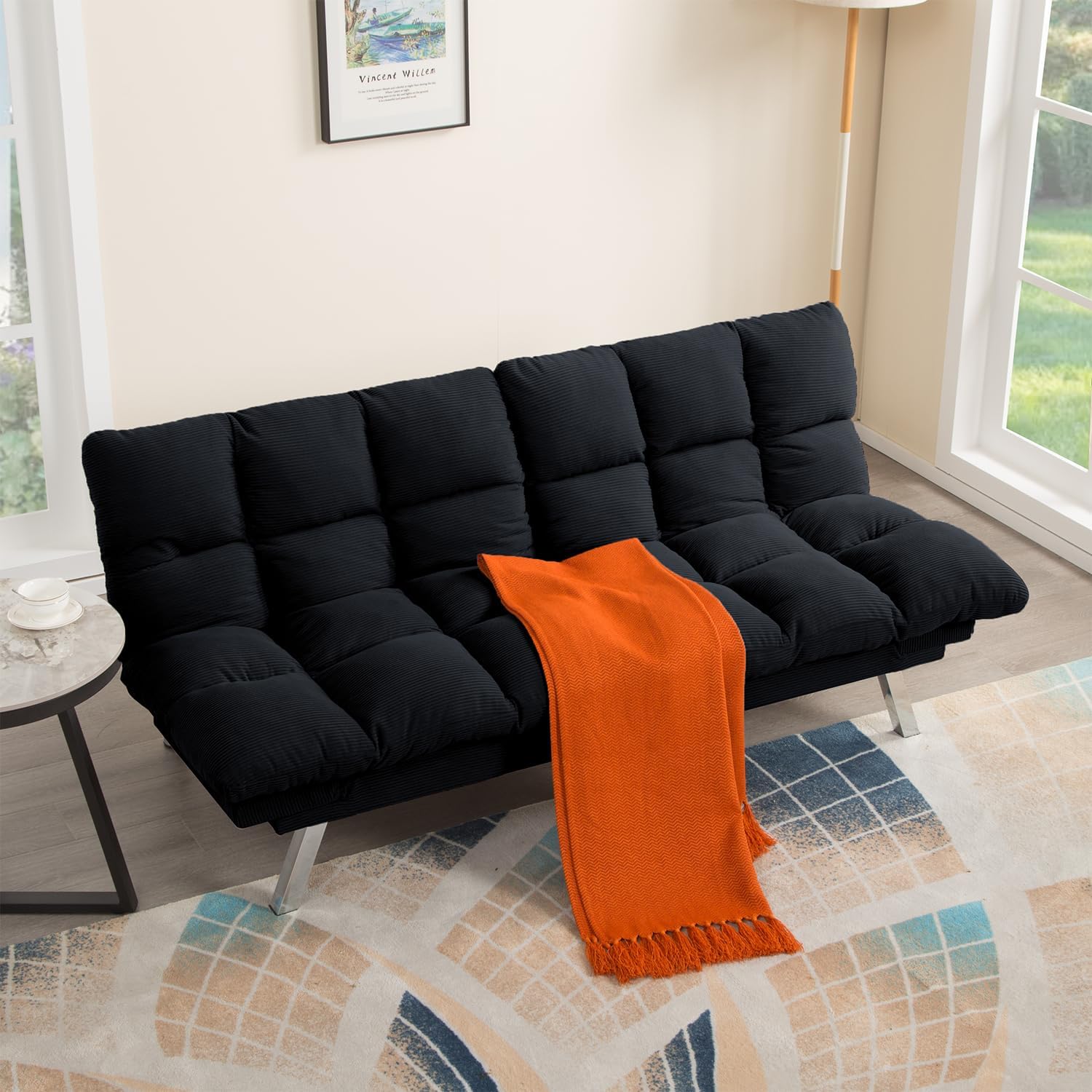 Black Modern Corduroy Convertible Folding Futon Couch Sofa Bed，Armless Cloud Double Loveseat Sofa Adjustable Backrest for Compact Living Dorm Game Studio Apartment Bedroom