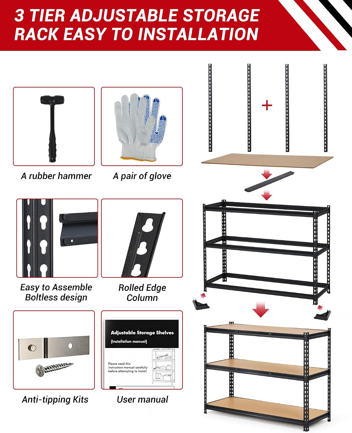 Garvee 3Tier Adjustable Garage Shelving Units, 1320 Lbs Heavy Duty Metal Utility Rack Shelf, 48' W x 24' D x 72' H Inches Storage Shelves, Freestanding Shelving Units for Shed, Basement