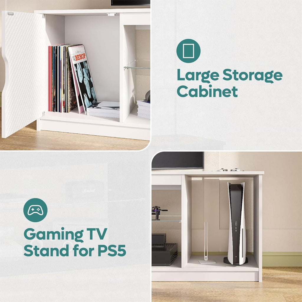 Bestier Gaming LED TV Stand for 65 Inch TV, Entertainment Center with Cabinet for PS5 Xbox, Modern TV Console for Living Room Bedroom, Adjustable Glass Shelves, Carbon Fiber White