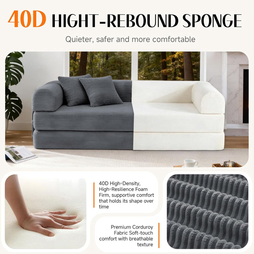79'' Convertible Sofa Bed, Boneless Couch-in-a-Box, Corduroy Floor Futon Loveseat Sleeper, 26'' Deep Seat, Removable Machine-Wash Covers, No Assembly, 2 Pillows, Dark Grey