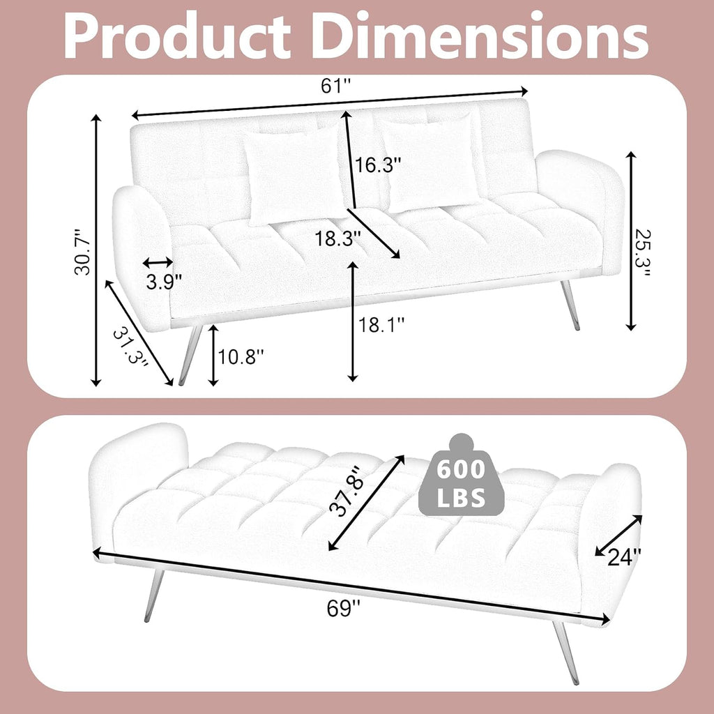 Comfy Futon Sofa Bed with 2 Pillows, Pink Futon Couch Bed with Gold Legs, Small Convertible Sofa Bed Couch for Living Room, Modern Loveseat for Bedroom, Curved Arms, Plush Tufted-Shaped,Teddy (Pink)