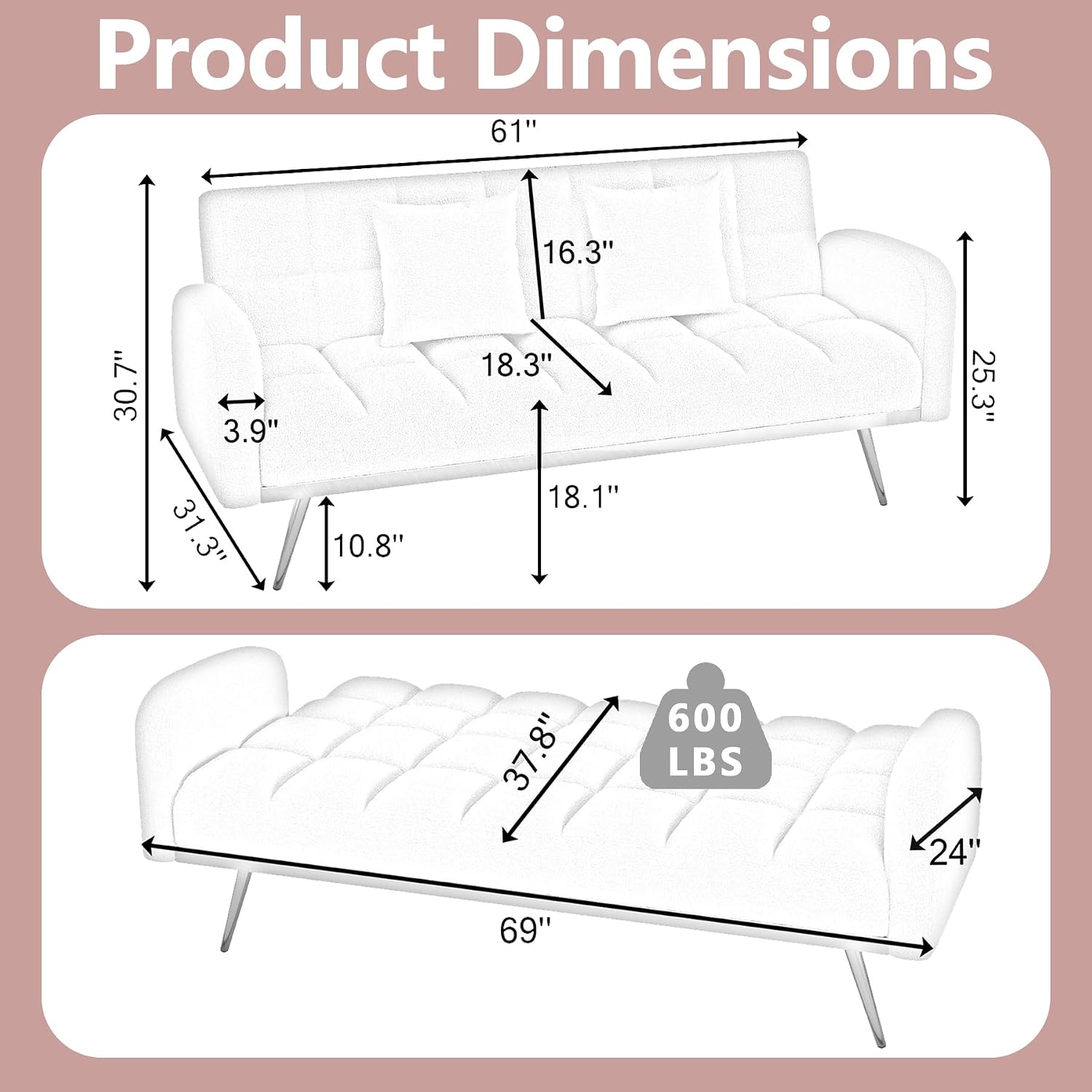 Comfy Futon Sofa Bed with 2 Pillows, Pink Futon Couch Bed with Gold Legs, Small Convertible Sofa Bed Couch for Living Room, Modern Loveseat for Bedroom, Curved Arms, Plush Tufted-Shaped,Teddy (Pink)