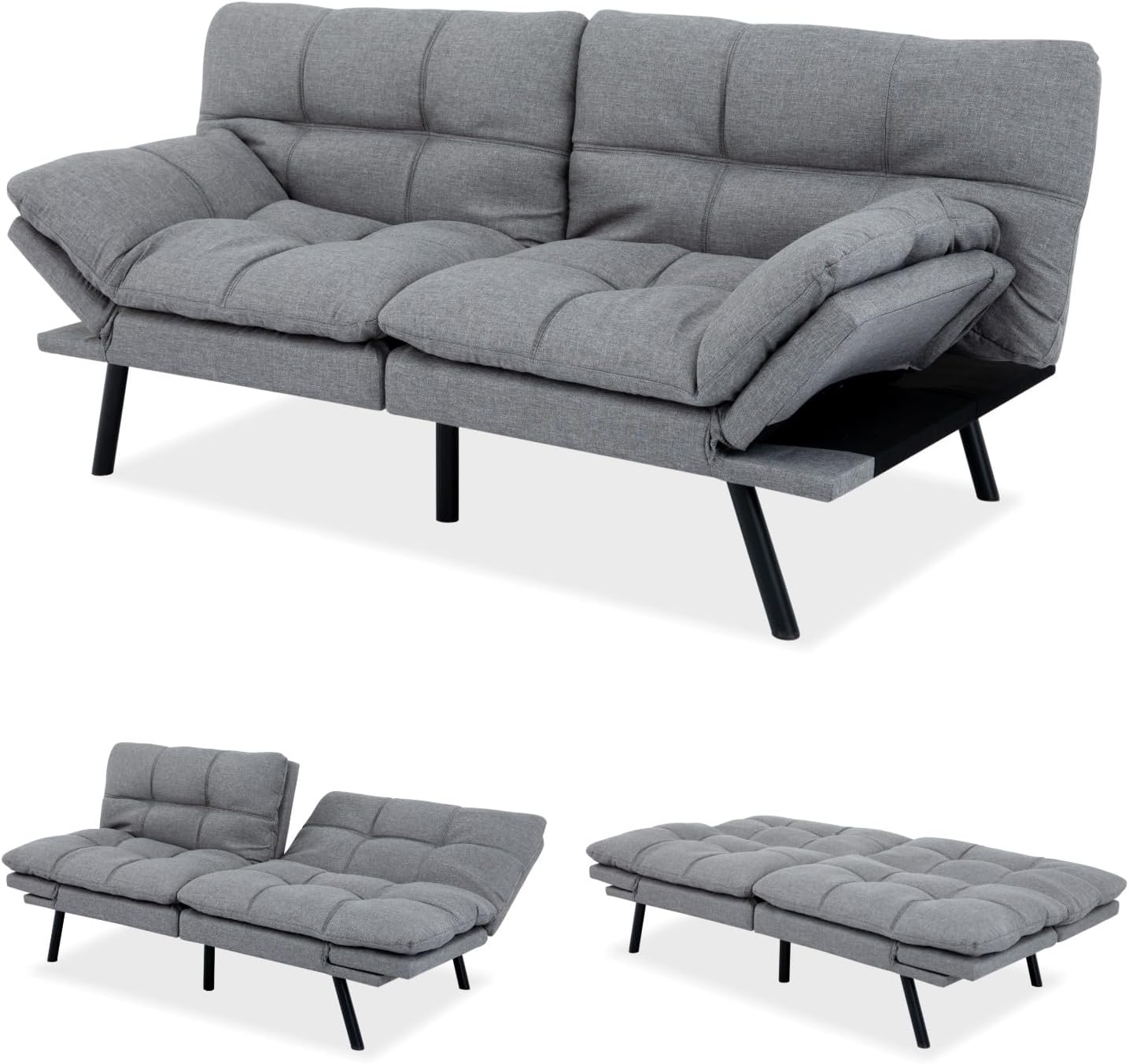 MUUEGM Futon Sofa Bed, 71' Convertible Linen Memory Foam Couch Bed, Modern Backrests Armrests Love Seat for Living Room,Apartment,Office,Light Grey Sleeper Couch