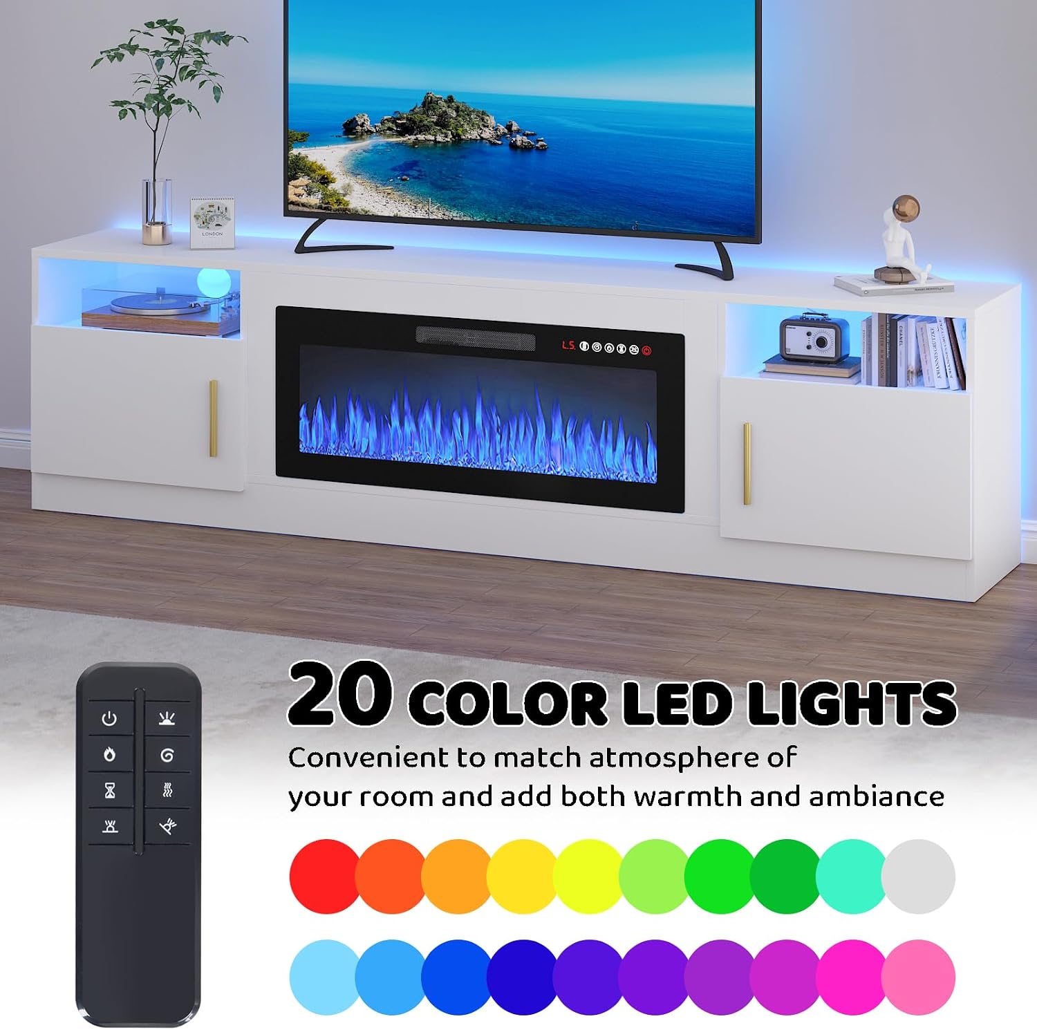 Lemberi Fireplace tv Stand with 36 inch Fireplace Up to 90' TVs, LED Light Entertainment Center and Storage, 80' Modern Wood Media TV Console with Highlight Cabinet for Living Room (White)