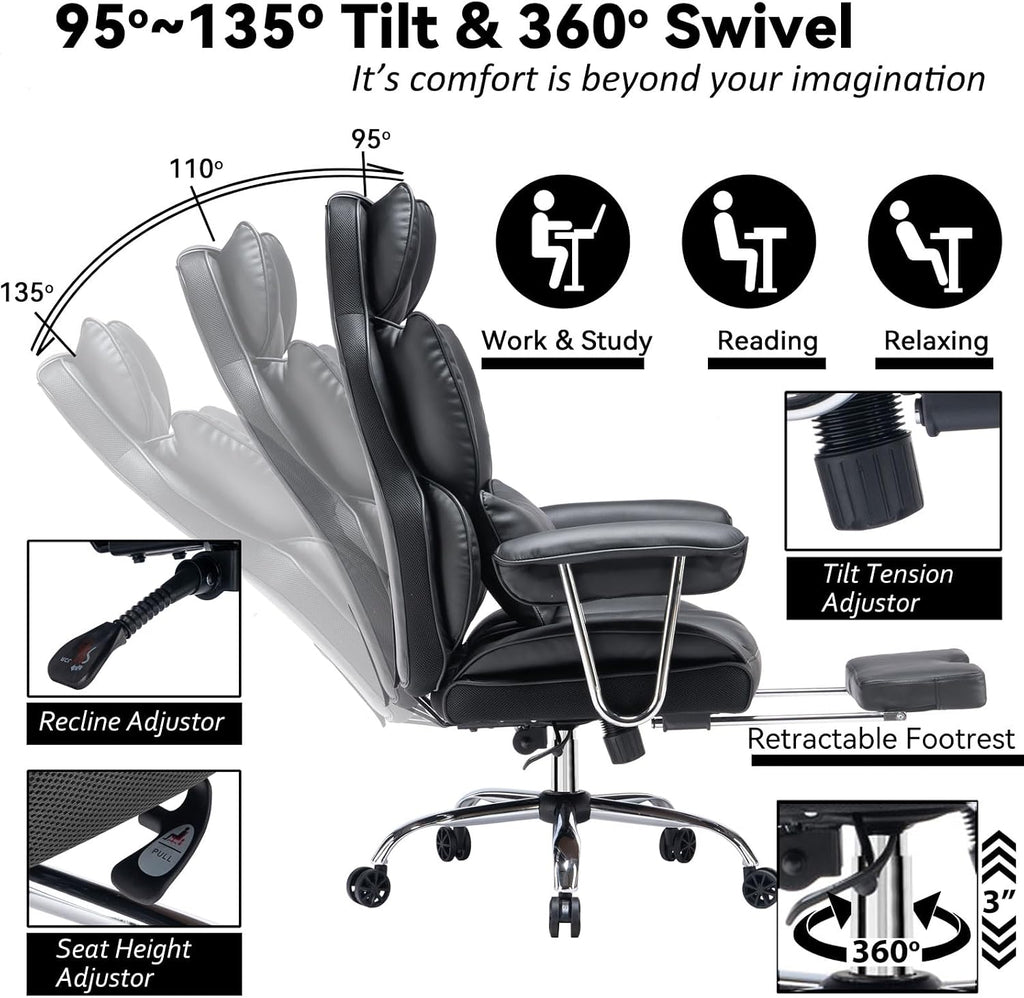 Efomao Big and Tall Office Chair 400lbs – High Back Executive Chair with Swivel Base, PU Leather Upholstery, Lumbar Pillow, Padded Armrests, and Rolling Wheels，Black Computer Chair