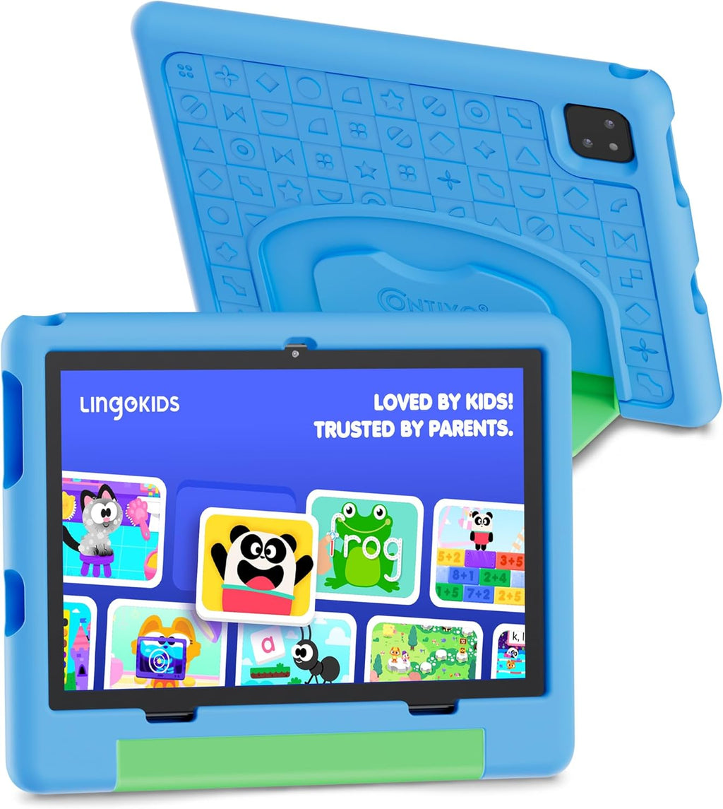 Contixo A10 Kids Tablet with 14 Apps, Lingokids & Epic, 10.1' HD Screen, Android 15, Parental Controls, WiFi, 4+64GB Storage, al Tablet for Kids Ages 3-12, Boys & Girls Gift, Blue