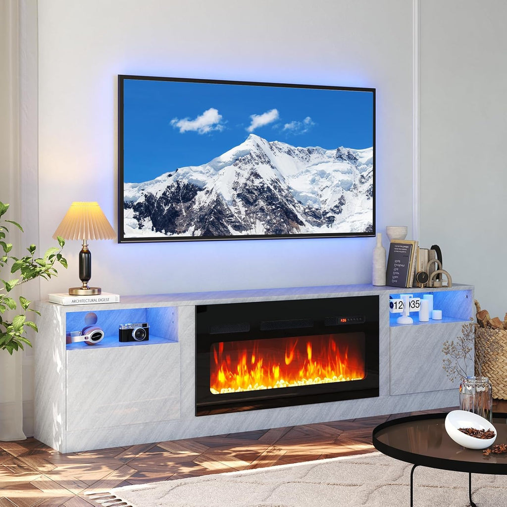 oneinmil 80' TV Stand with 36' Electric Fireplace, Large Modern Media Entertainment Center with Storage Cabinet and 12 Colors LED Lights for TVs Up to 90', Grey+Black