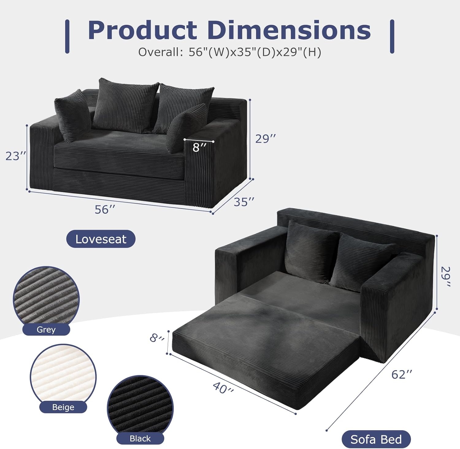 Convertible Sofa Bed, Boneless Couch Loveseat Sleeper, 2 in 1 Folding Couch Bed, Fold Out Comfy Floor Futon Sofa with Pillows for Living Room Bedroom, Black