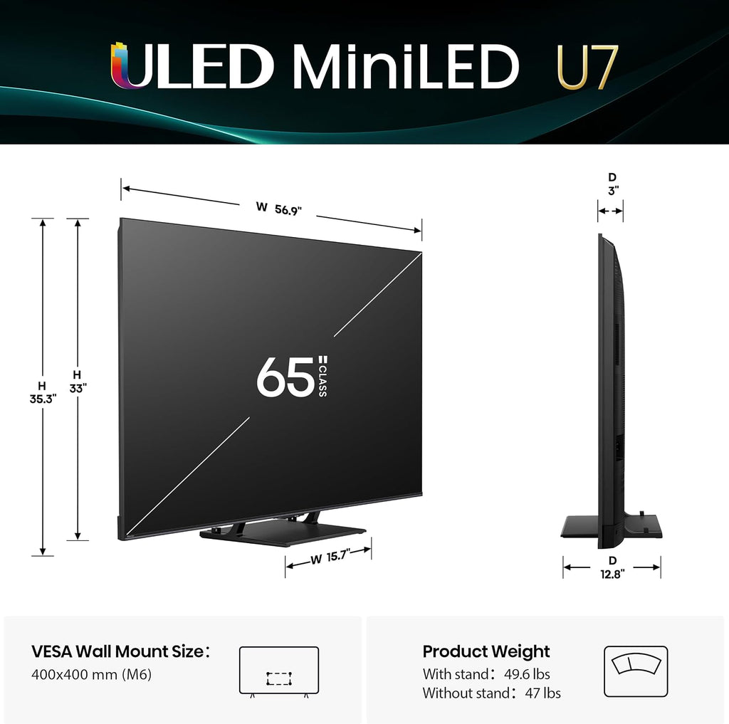 Hisense 65' U7 Mini-LED ULED 4K UHD Best Premium Gaming Google Smart TV (65U75QG, 2025 Model) - QLED, Native 165Hz, VRR 288, Up to 3000 Nits, HDR10+, Dolby Vision IQ · Atmos, IMAX Enhanced, 2.1.2 Ch