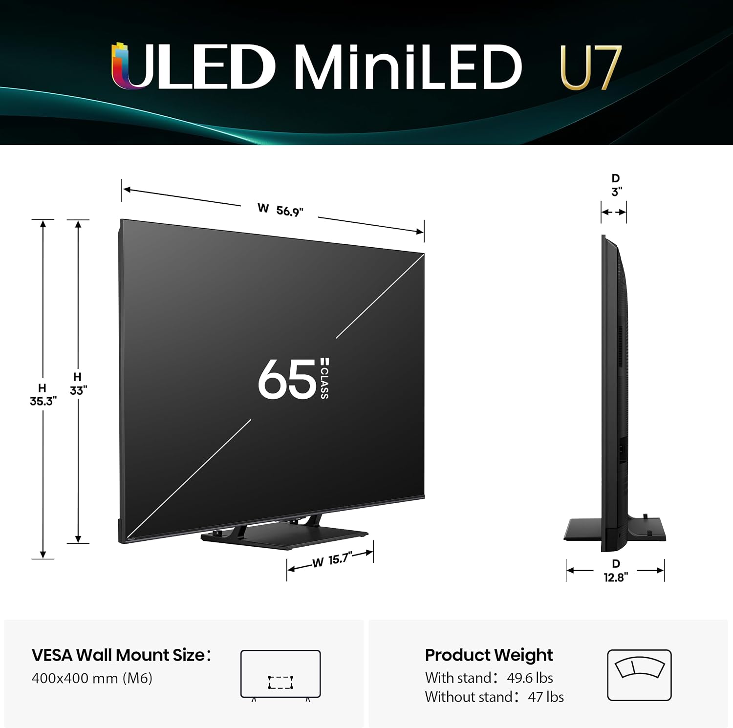 Hisense 65' U7 Mini-LED ULED 4K UHD Best Premium Gaming Google Smart TV (65U75QG, 2025 Model) - QLED, Native 165Hz, VRR 288, Up to 3000 Nits, HDR10+, Dolby Vision IQ · Atmos, IMAX Enhanced, 2.1.2 Ch
