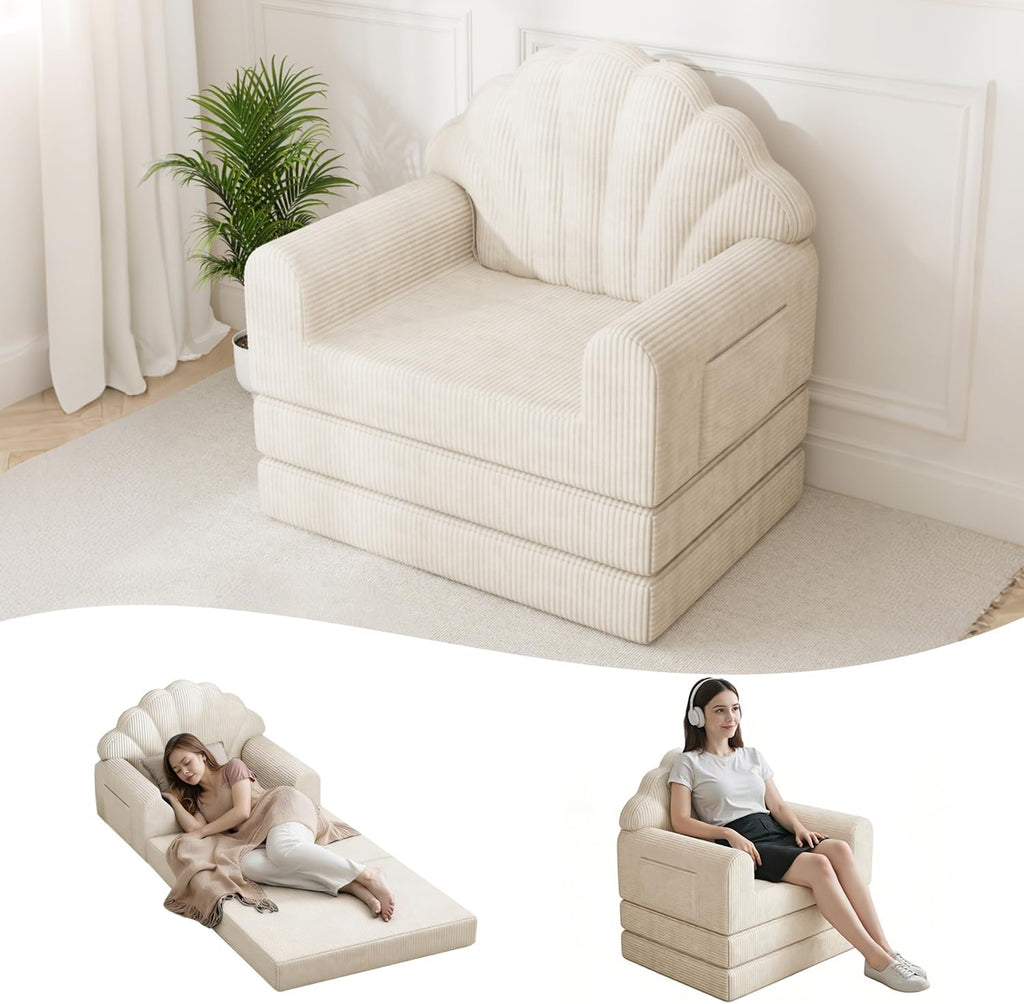 2-in-1 Folding Sofa Bed, 75' D x 34' W Convertible Futon Sleeper Chair for Adult with Extra Back Support, Fold Out Bean Bag Floor Foam Lounger Couch for Living Room Bedroom Small Space, Beige
