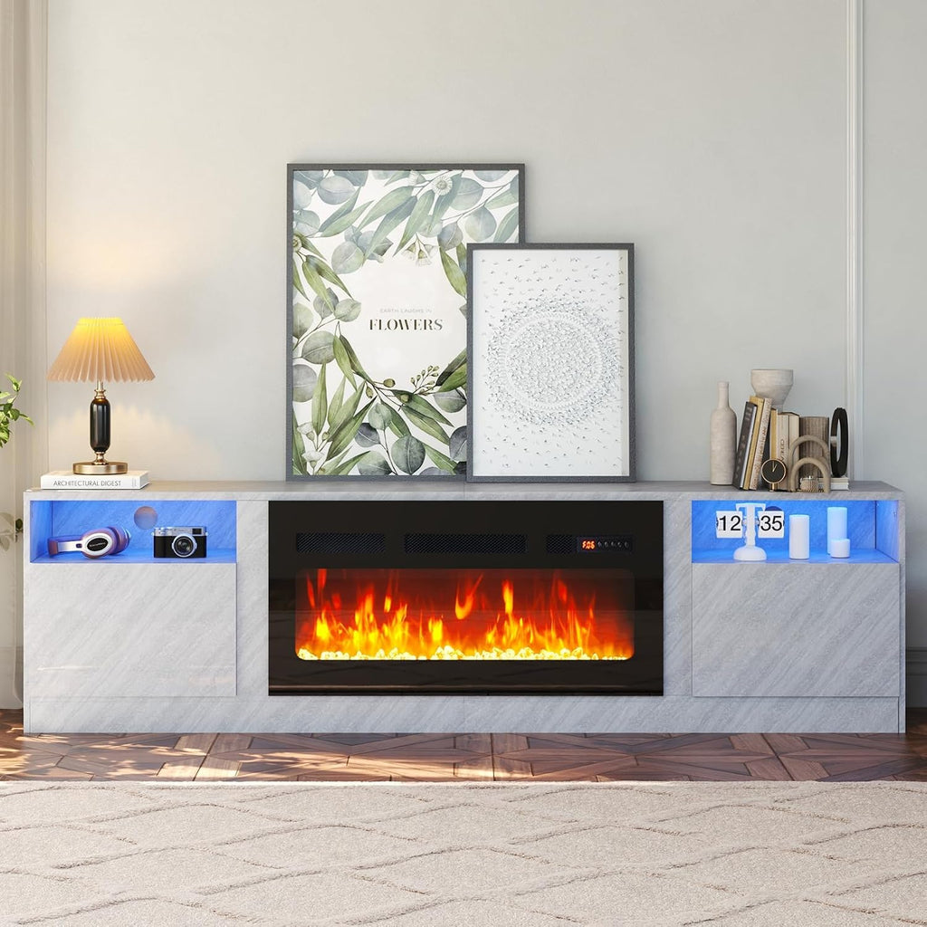 oneinmil 80' TV Stand with 36' Electric Fireplace, Large Modern Media Entertainment Center with Storage Cabinet and 12 Colors LED Lights for TVs Up to 90', Grey+Black