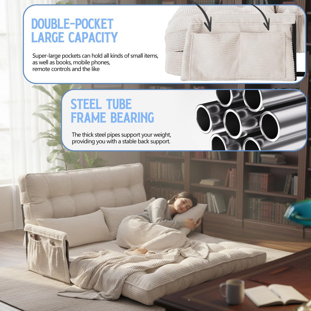 Convertible Futon Sofa Bed with Adjustable Backrest Pillows,Folding Loveseat Sleeper Sofa,Corduroy Pull Out Couches with Side Pocket for Living Room Bedroom Lounge（Cream）