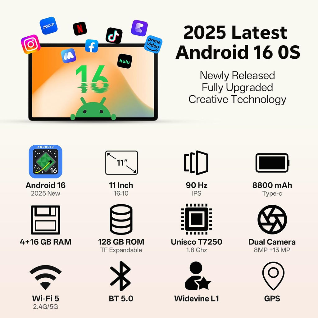 Android 16 Tablet, 2025 Upgraded 11 inch Android Tablets with Keyboard, 20GB+128GB+1TB Expand, Support Face Unlock+Widevine L1 Supported, Octa-Core CPU,Dual WiFi, Dual Camera,8800mAh Battery, Silver