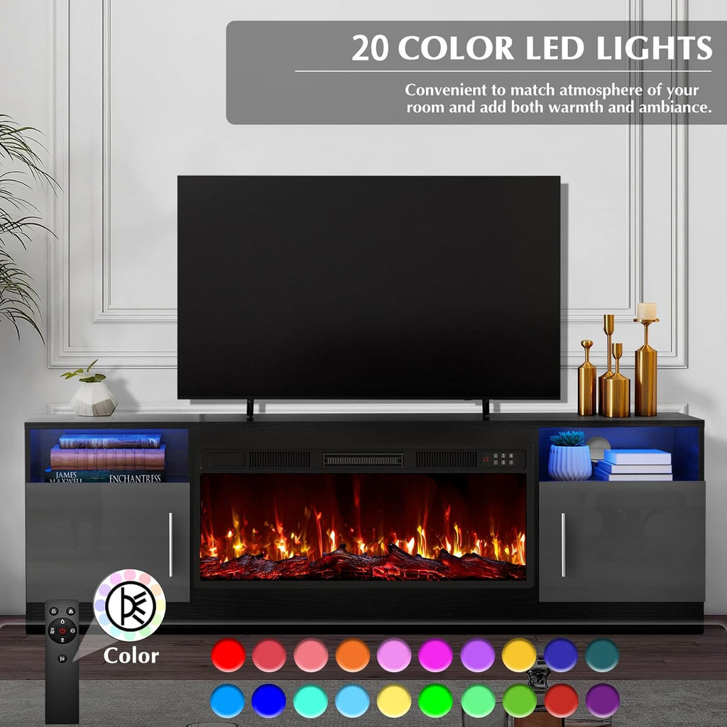 LEMBERI Fireplace tv Stand with 36 inch Fireplace Up to 80' TVs,LED Light Entertainment Center and Storage, 70' Modern Wood Media TV Console with Highlight Cabinet for Living Room (Black)