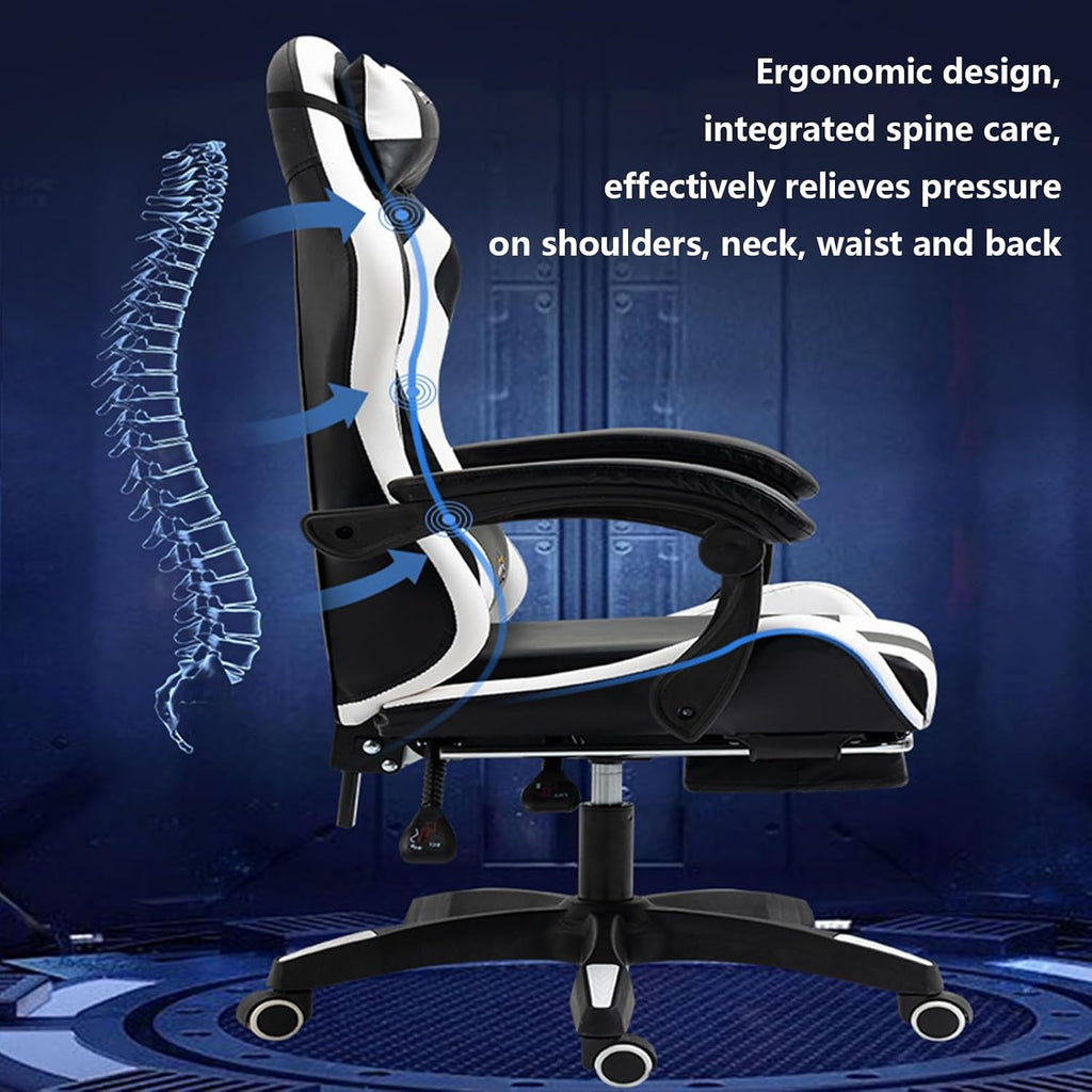 Gaming Chair Office Chair High-back Ergonomic Video Game Chairs with Footrest and Lumbar Support Height Adjustable Racing Style Computer Chair with Swivel Seat and Headrest,One Size,Black White