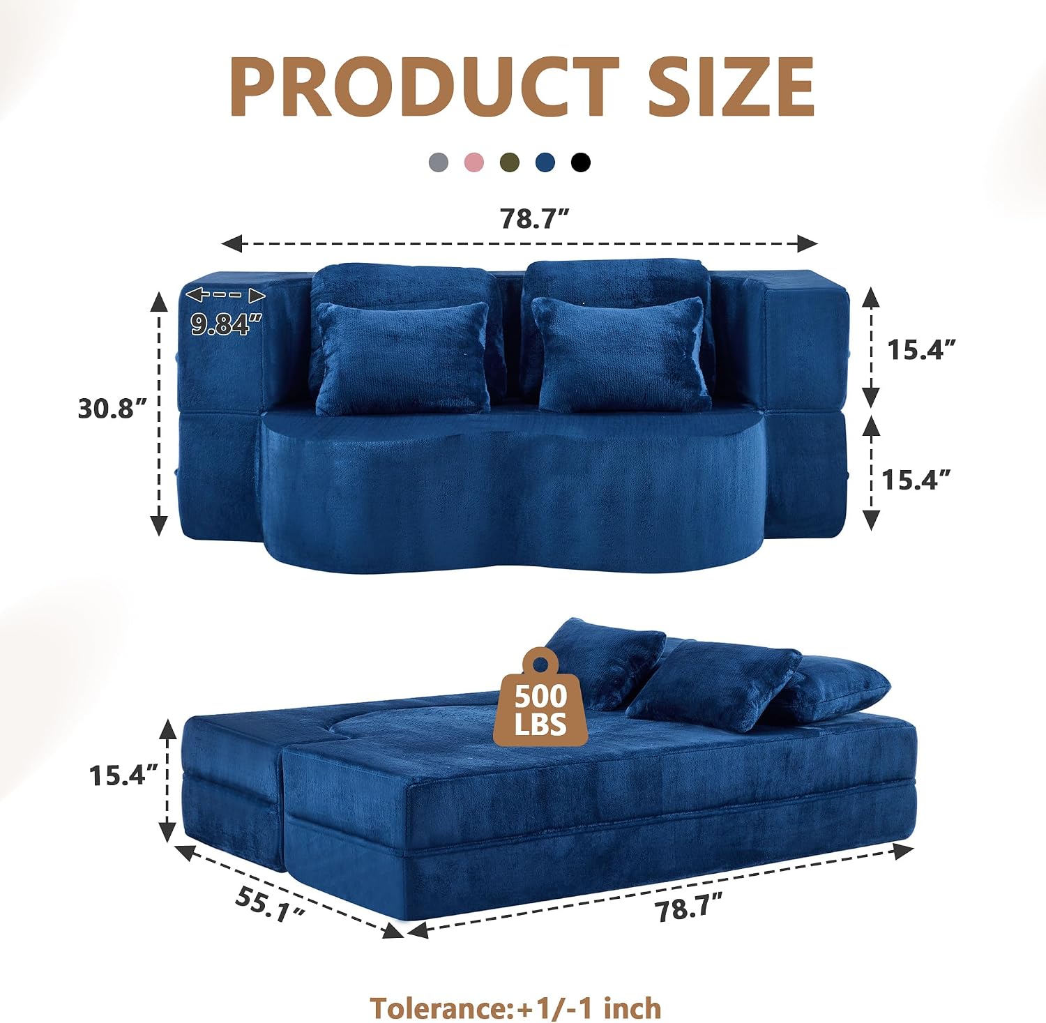 2-in-1 Folding Sofa Bed with Pillow, No Assembly Futon Twin Size Sofa Bed, Breathable Velvet Convertible Couch Bed for Living Room and Guest Room, 78.7 Inch, Blue