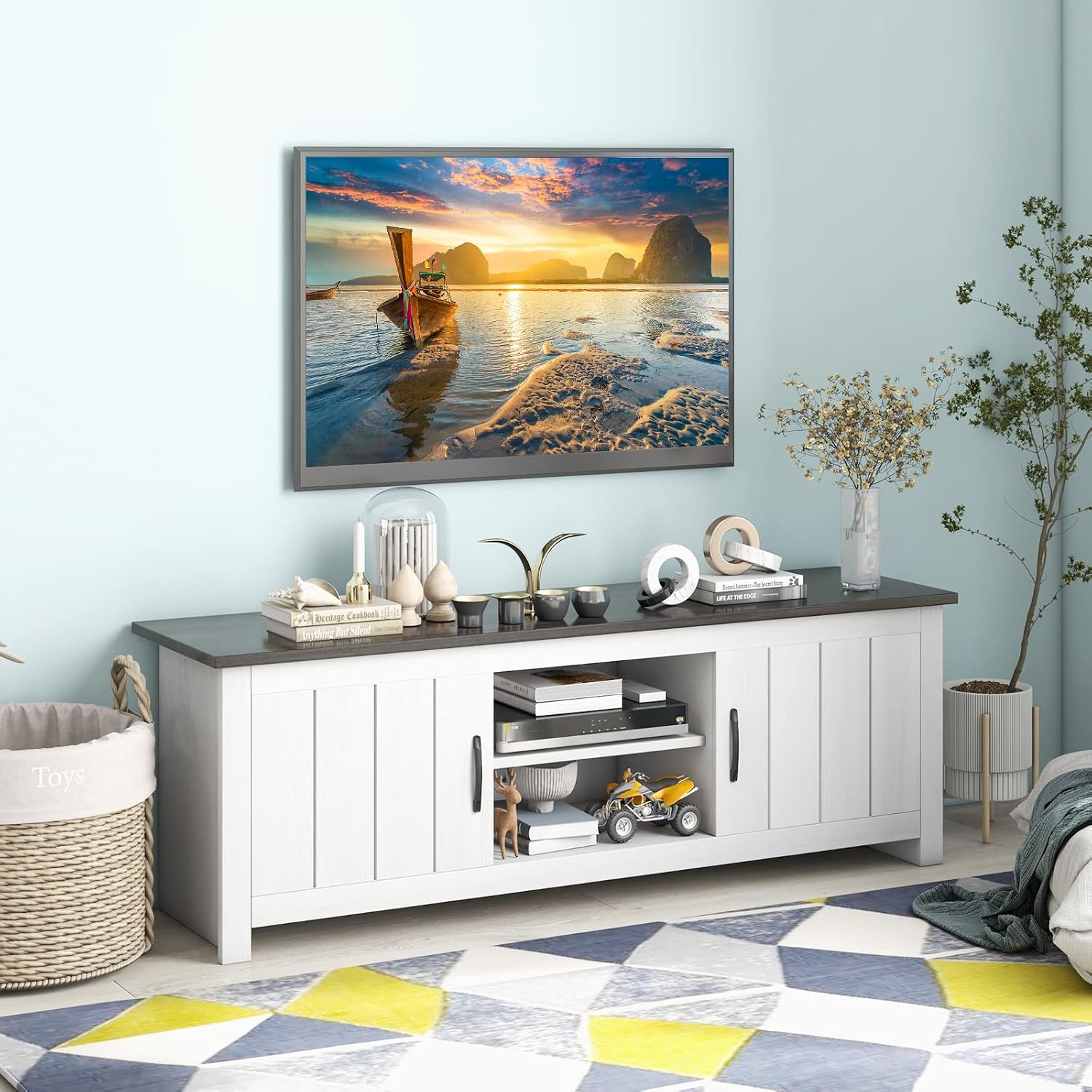Tangkula 2 Doors TV Stand for TVs up to 65', 57' TV Console Table w/ 2 Cabinets & Open Shelves, Media Entertainment Center w/ 2 Cable Management Holes, Wood TV Cabinet for Living Room (Dark Brown)