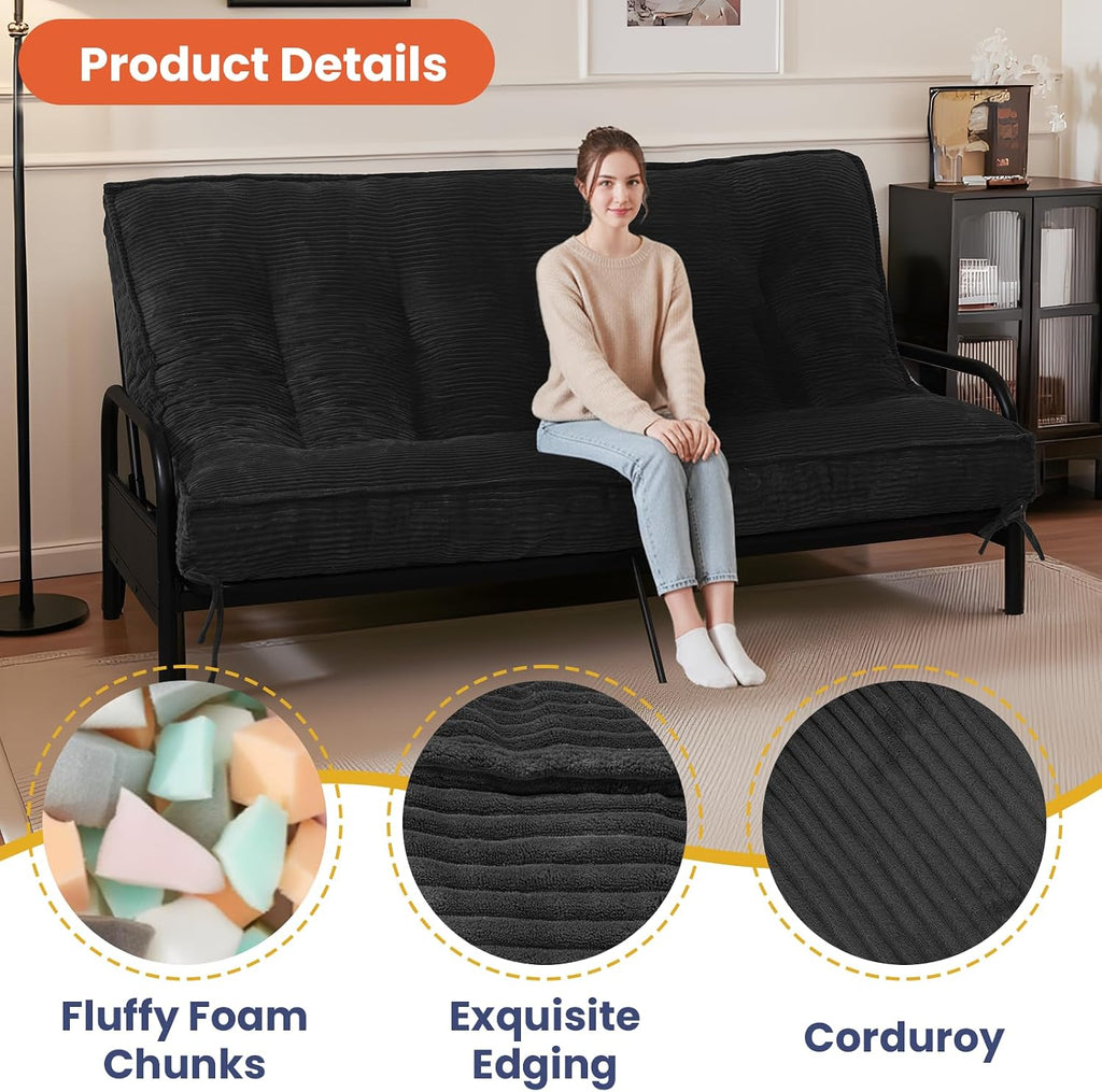 8' Futon Mattress Full Size, Futons Sofa Bed Sleeper Couch Bed, Roll Up Mattress with Shredded Foam & 2 Straps for Storage, Futon Floor Mattress for Living Room, Corduroy (Frame Not Included)