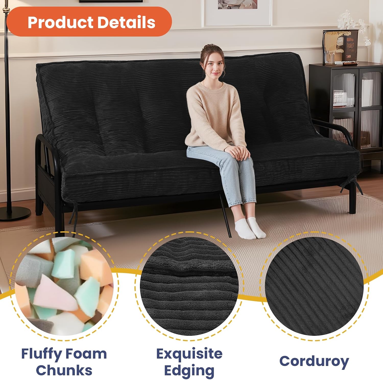 8' Futon Mattress Full Size, Futons Sofa Bed Sleeper Couch Bed, Roll Up Mattress with Shredded Foam & 2 Straps for Storage, Futon Floor Mattress for Living Room, Corduroy (Frame Not Included)