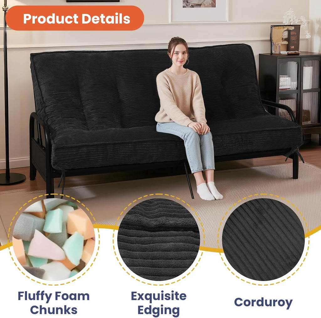 8' Futon Mattress Queen Size, Futons Sofa Bed Sleeper Couch Bed, Folding Mattress with Shredded Foam & 2 Straps, Futon Floor Mattress for Living Room & Guest Room, Corduroy (Frame Not Included)