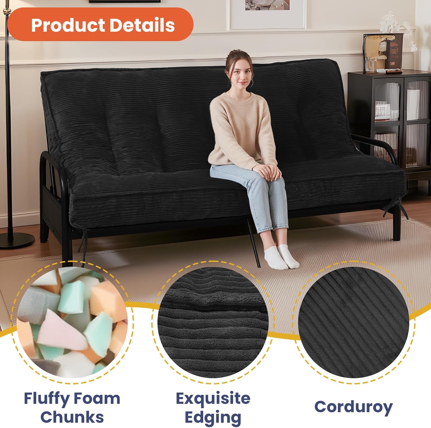 8' Futon Mattress Queen Size, Futons Sofa Bed Sleeper Couch Bed, Folding Mattress with Shredded Foam & 2 Straps, Futon Floor Mattress for Living Room & Guest Room, Corduroy (Frame Not Included)