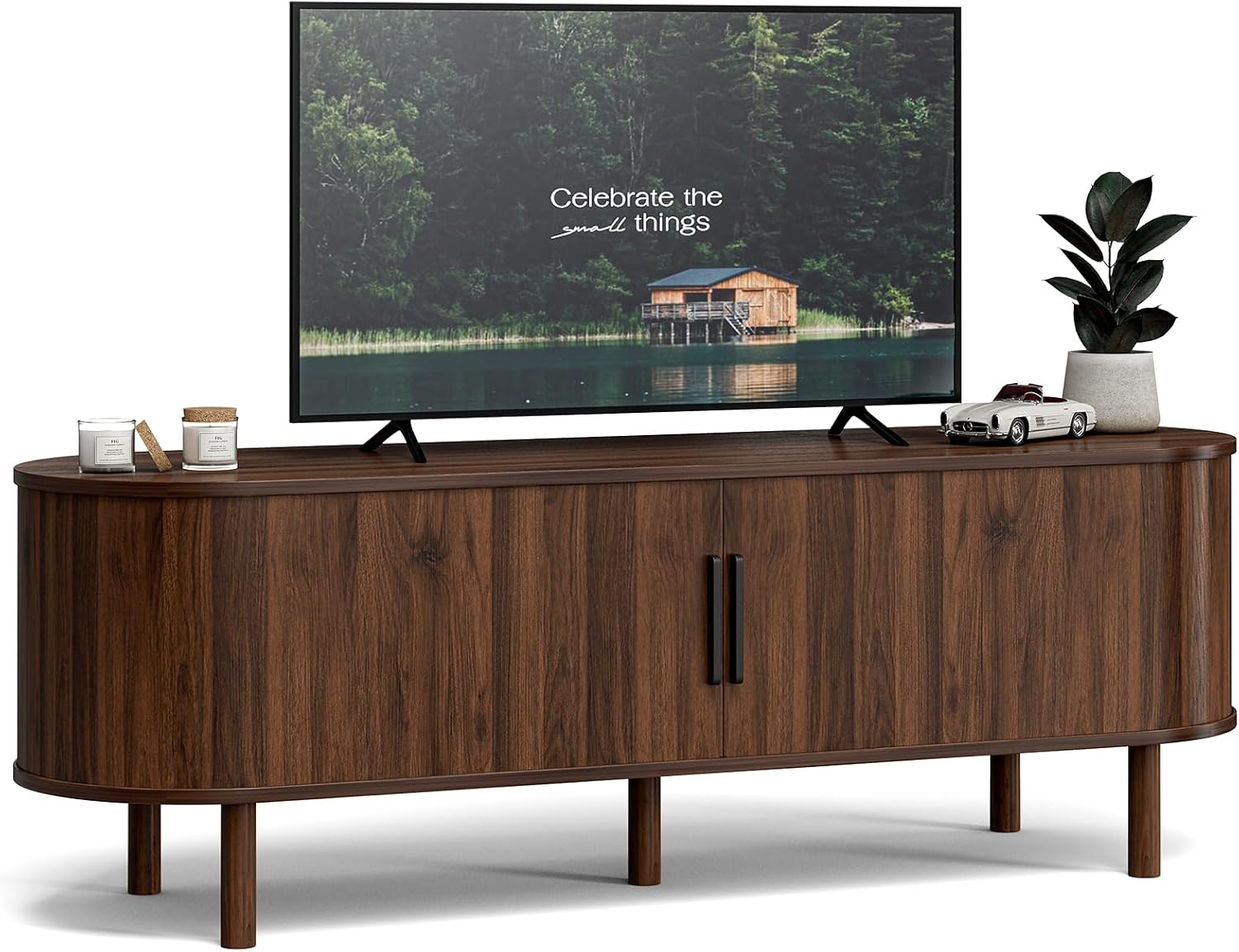 ZttRiee TV Stand for TVs up to 60 Inch, Entertainment Center with Sliding Doors and Adjustable Shelf, Modern TV Console with Storage for Living Room, Bedroom, Walnut