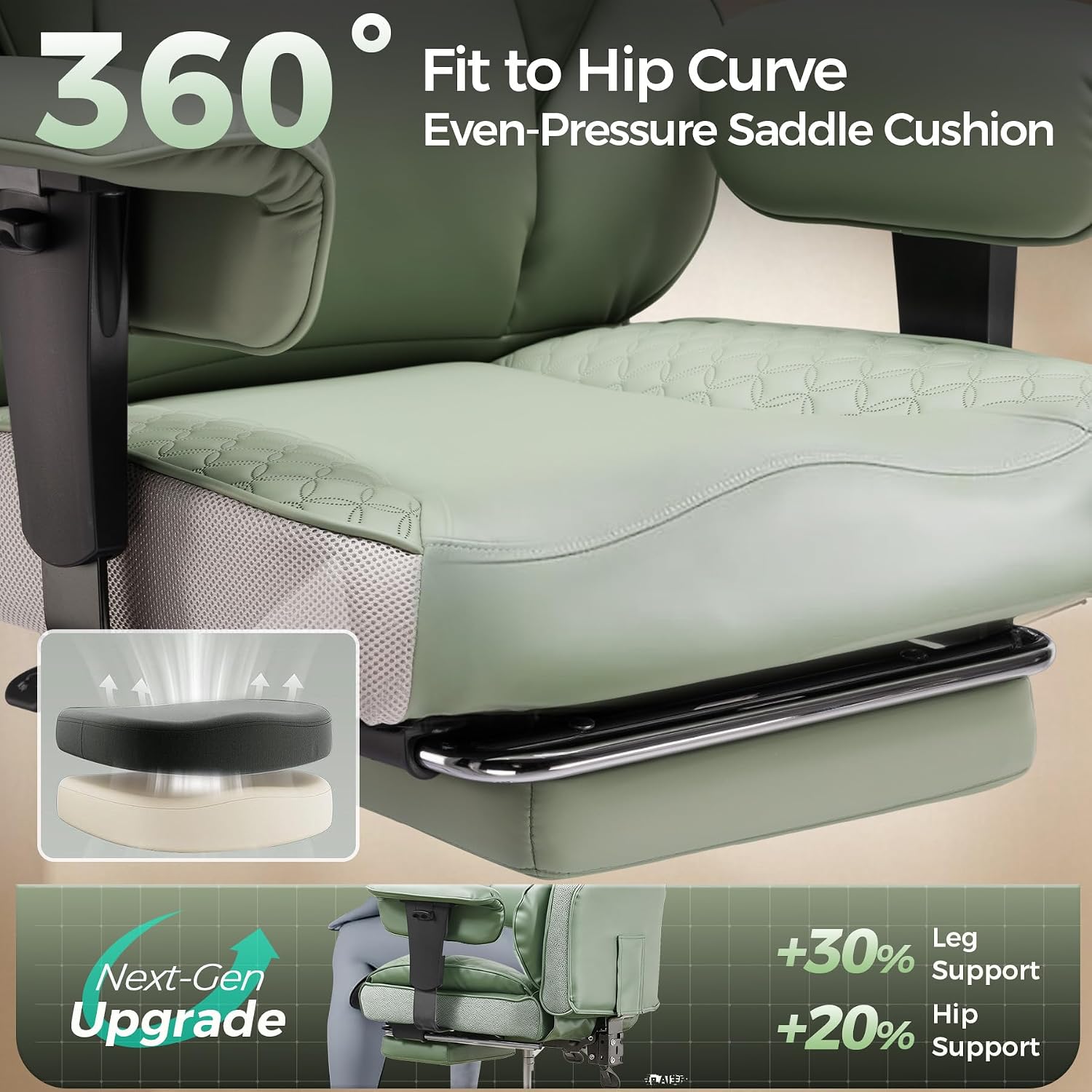 GTPOFFICE Big and Tall Office Chair 400LBS Wide Seat Computer Gaming Chair with Footrest & Comfy Lumbar Support, Leather High Back Executive Chair with Ergonomic Pressure Relief Seat Cushion, Green