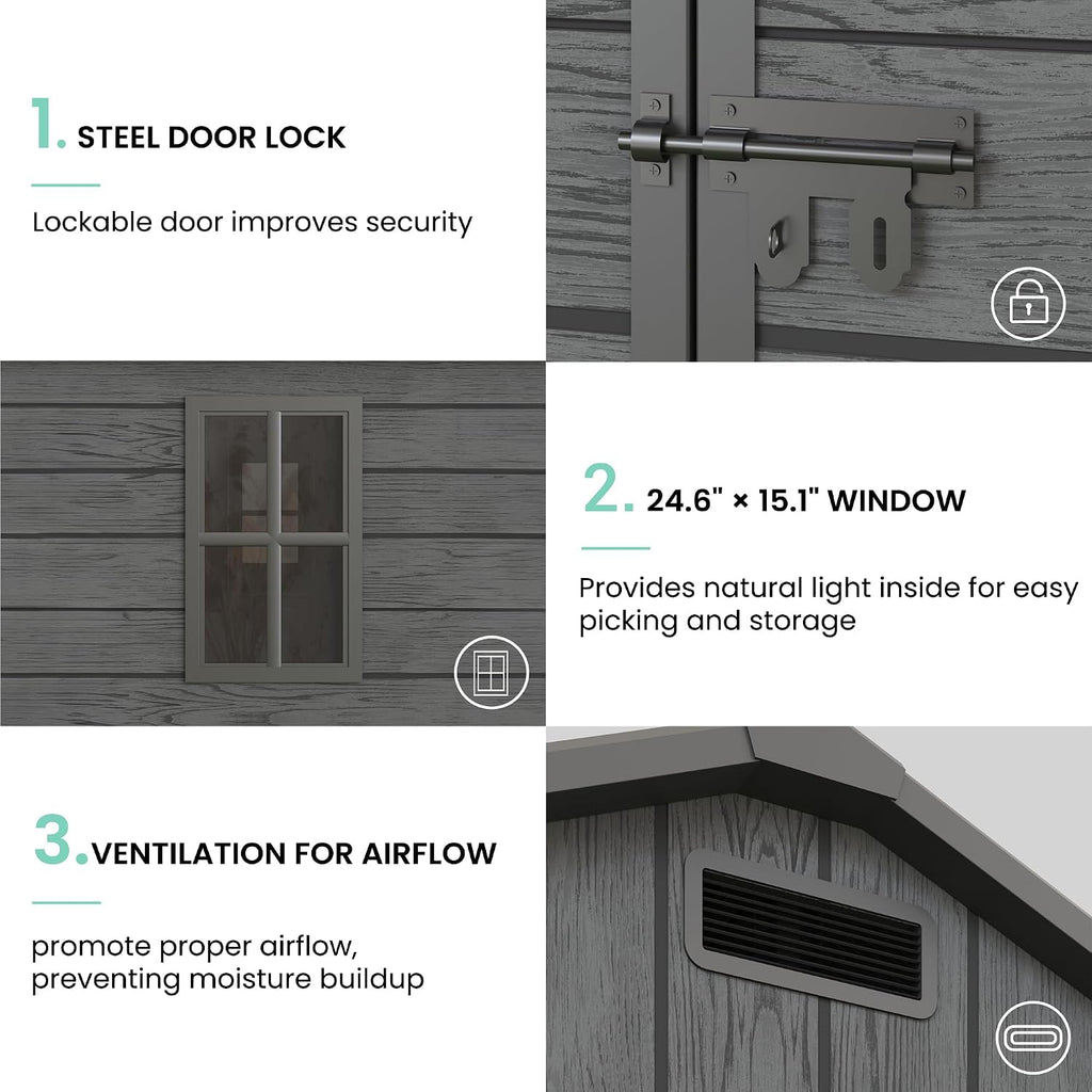 UDPATIO Resin Storage Shed 7.5x10.7 FT, Outdor Plastic Shed for Garden Tools Pool Equipment, Outside Sheds with Lockable Door for Backyard, Patio, Lawn, Dark Grey