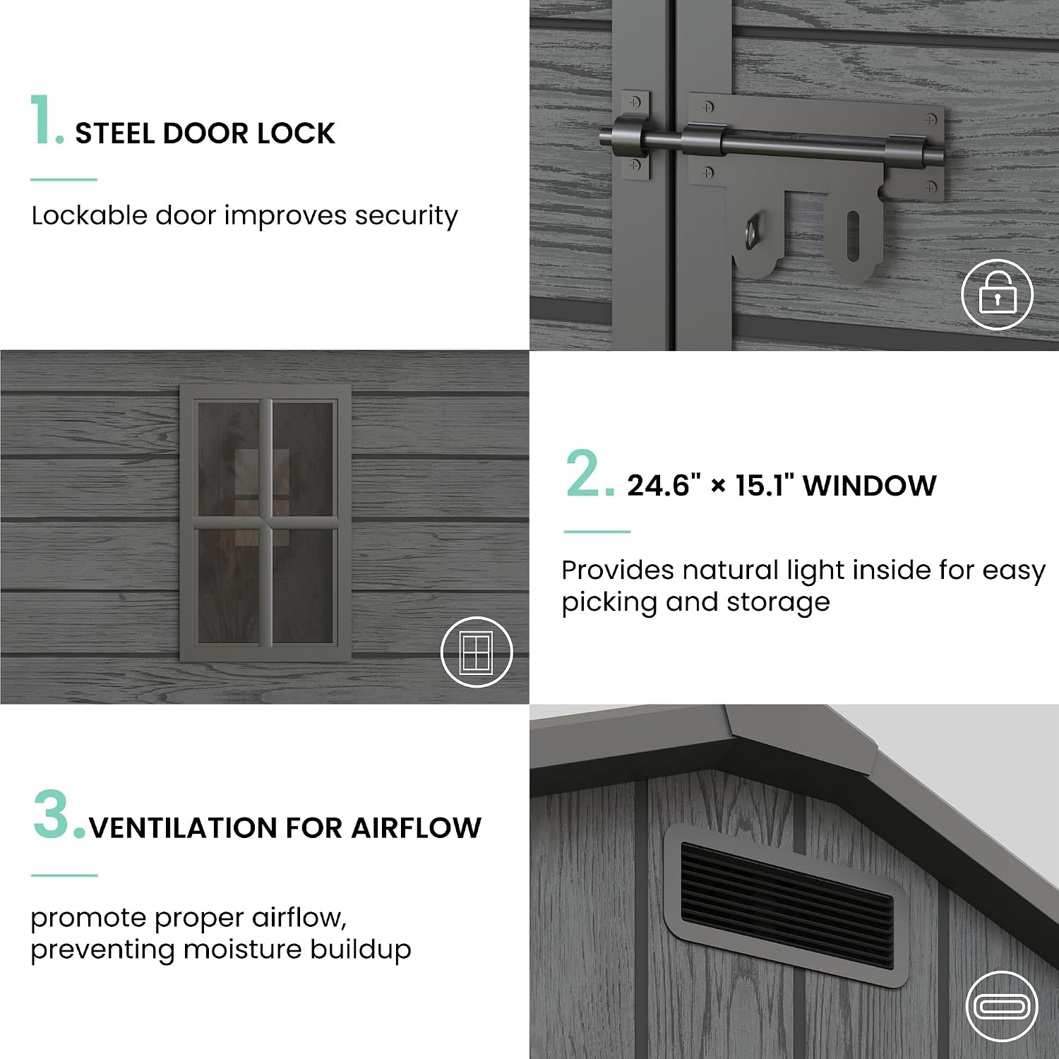 UDPATIO Resin Storage Shed 7.5x10.7 FT, Outdor Plastic Shed for Garden Tools Pool Equipment, Outside Sheds with Lockable Door for Backyard, Patio, Lawn, Dark Grey