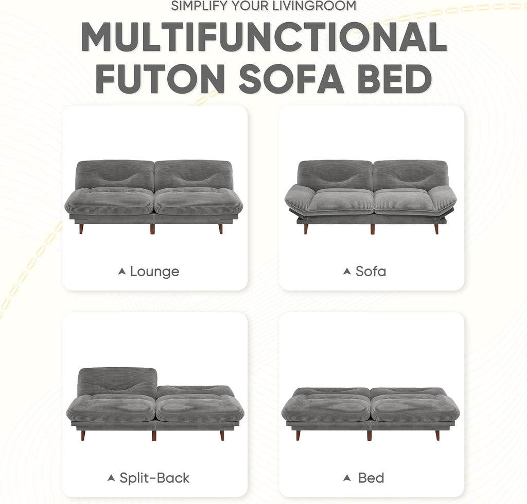 JUMMICO Convertible Futon Sofa Bed, Sleeper Futon Couch with Adjustable Backrest and Armrests, Modern Loveseat with Sturdy Wood Frame for Small Spaces, Apartments (Corduroy, Dove Gray)