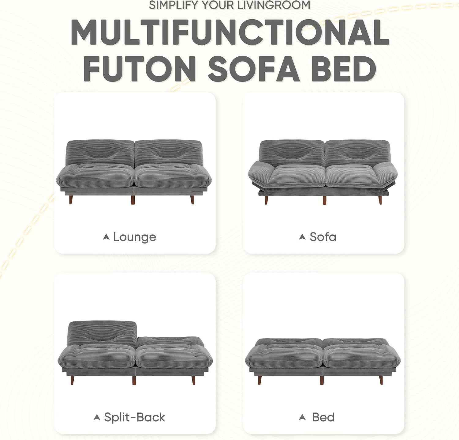 JUMMICO Convertible Futon Sofa Bed, Sleeper Futon Couch with Adjustable Backrest and Armrests, Modern Loveseat with Sturdy Wood Frame for Small Spaces, Apartments (Corduroy, Dove Gray)