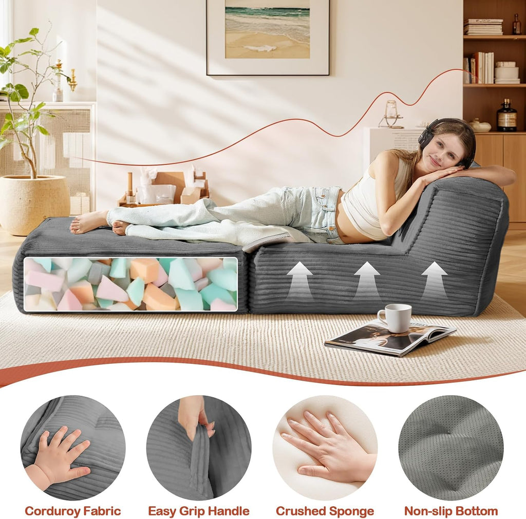 5-in-1 Convertible Folding Sofa Bed, Frameless Convertible Couch with Handles & Non-Slip Base, Premium Corduroy Floor Sofa with High-Density Shredded Foam for Living Room Apartment Dorm Home Theater
