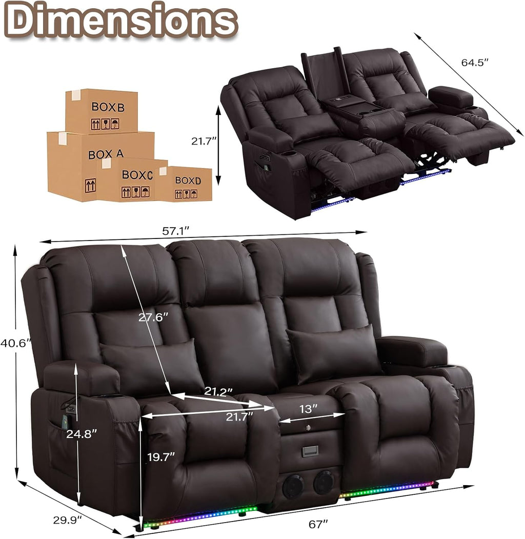 TUNYI Power Loveseat Recliner Sofa with Massage & Heat Home Theater Seating with Console RV Recliner Loveseat Sofa with USB/Storage/Side Pocket/LED Light/Speaker (Brown, Loveseat)
