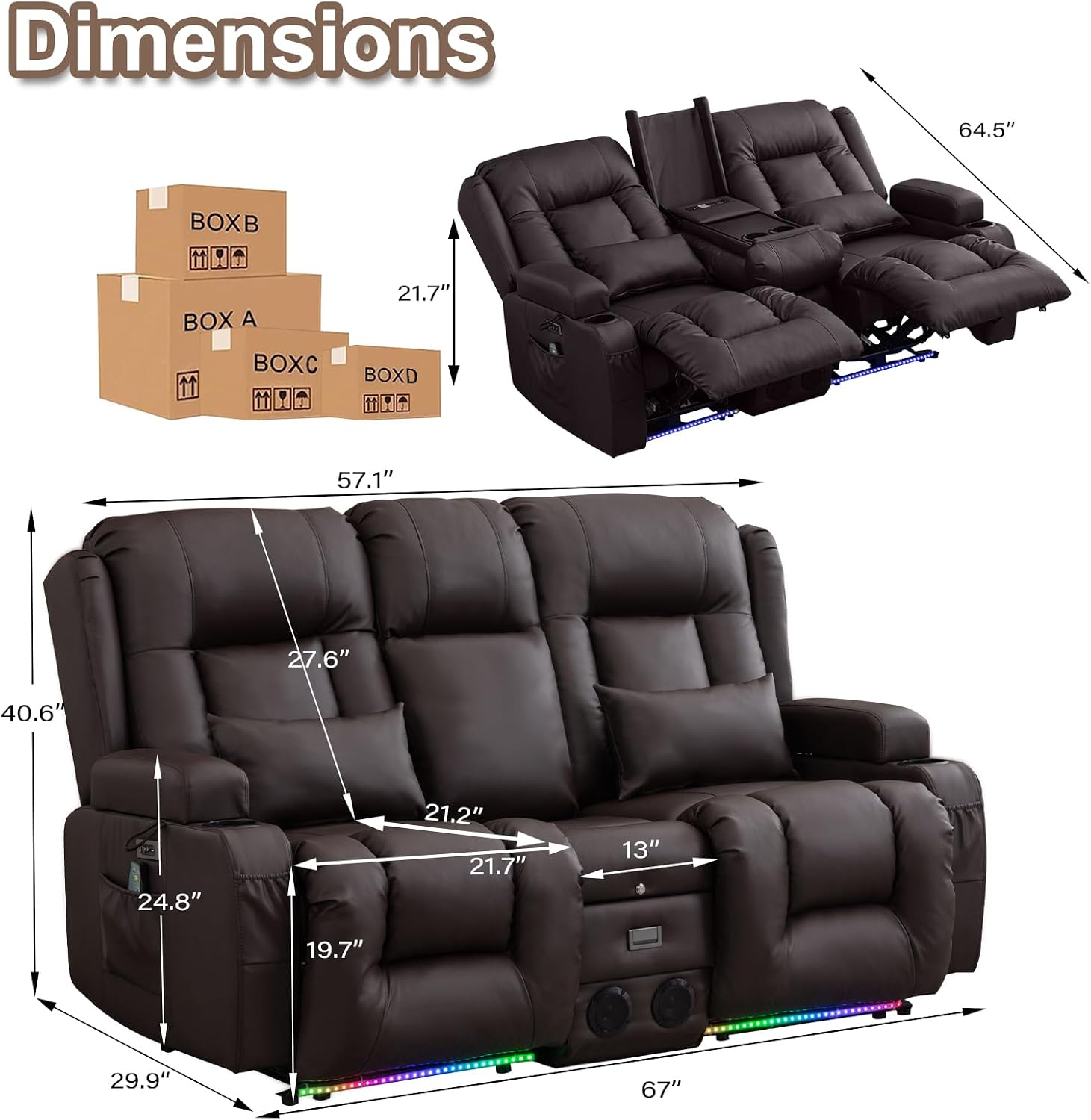 TUNYI Power Loveseat Recliner Sofa with Massage & Heat Home Theater Seating with Console RV Recliner Loveseat Sofa with USB/Storage/Side Pocket/LED Light/Speaker (Brown, Loveseat)