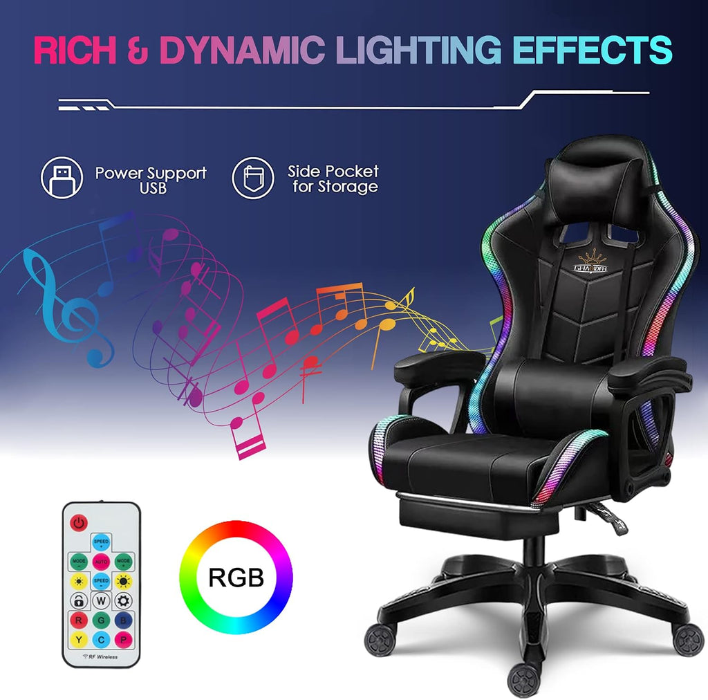 LED Gaming Chair Computer Gaming Chair with Bluetooth Speakers and RGB Lights Full Massager Gamer Chair Swivel Recliner Ergonomic Lumbar Support Video Game Chair for Adults Teens,Black