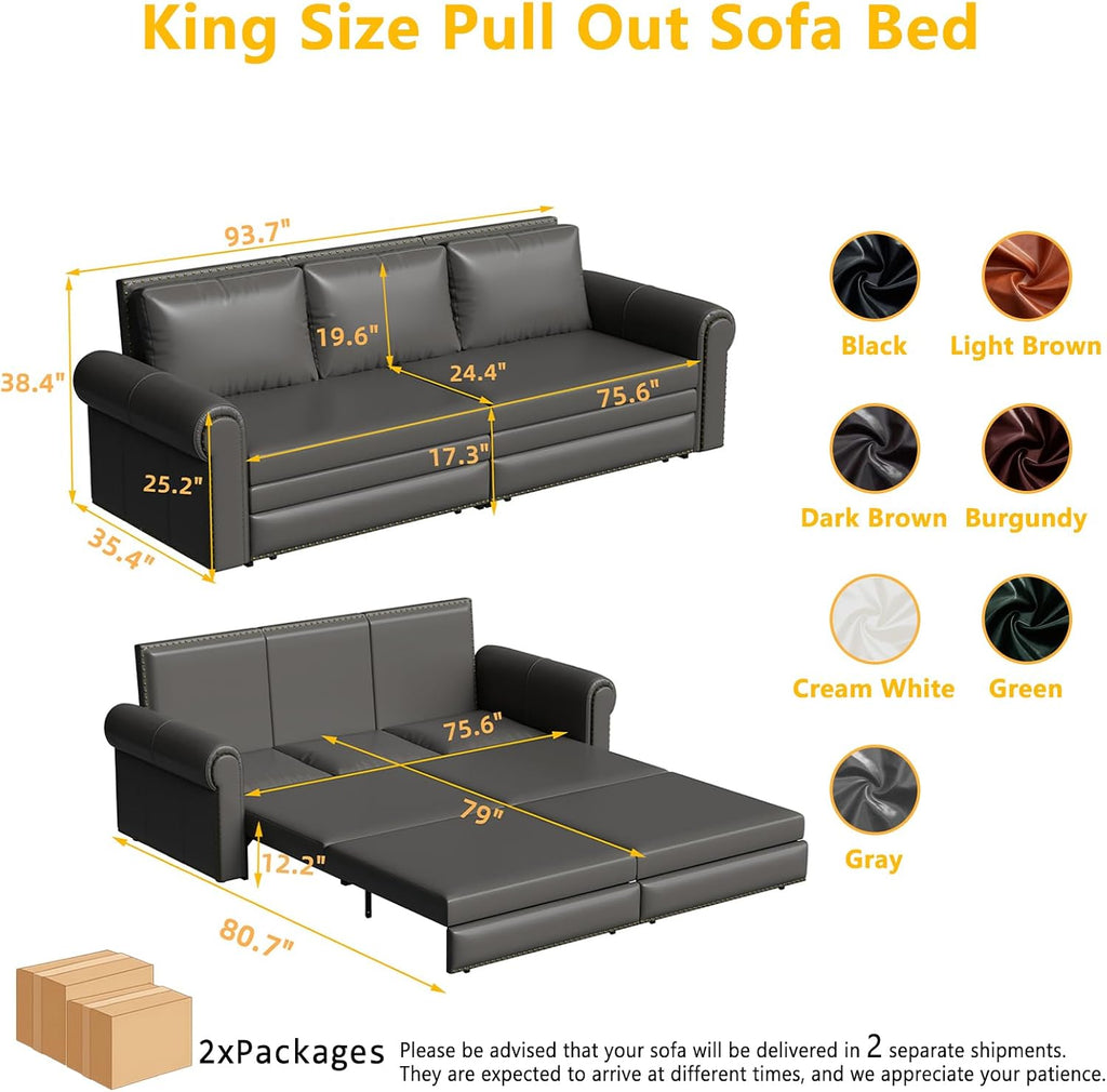 93.7' King Pull Out Sofa Bed, Faux Leather Sleeper Sofa Couch, 3 in 1 Convertible Futon Couches for Living Room, Small Space, Apartment, Office, Bedroom, Modern Rivet Armrest, Grey